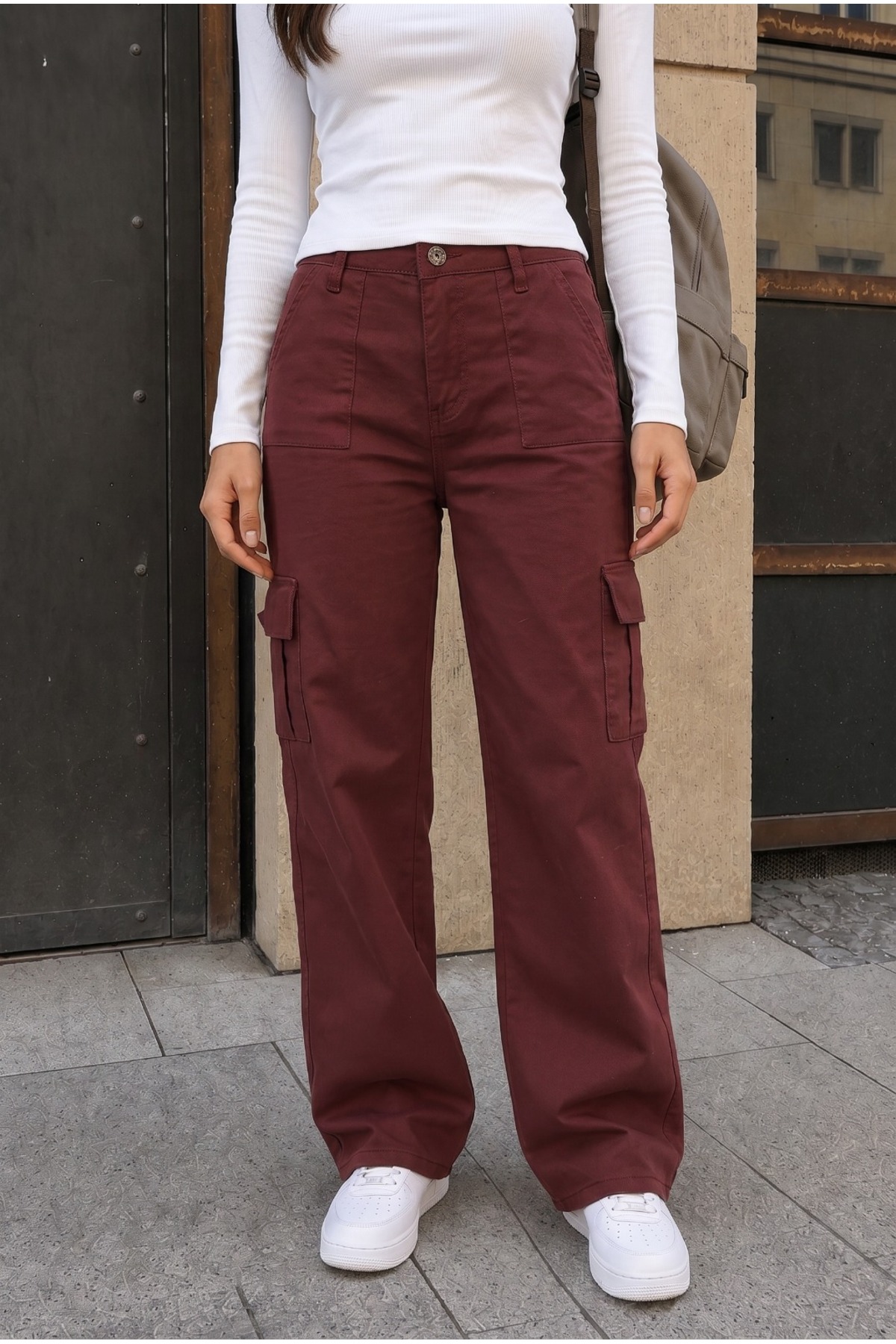 Kargo Cepli Likralı Yüksek Bel Wide Leg Okul Pantolonu Bordo 3