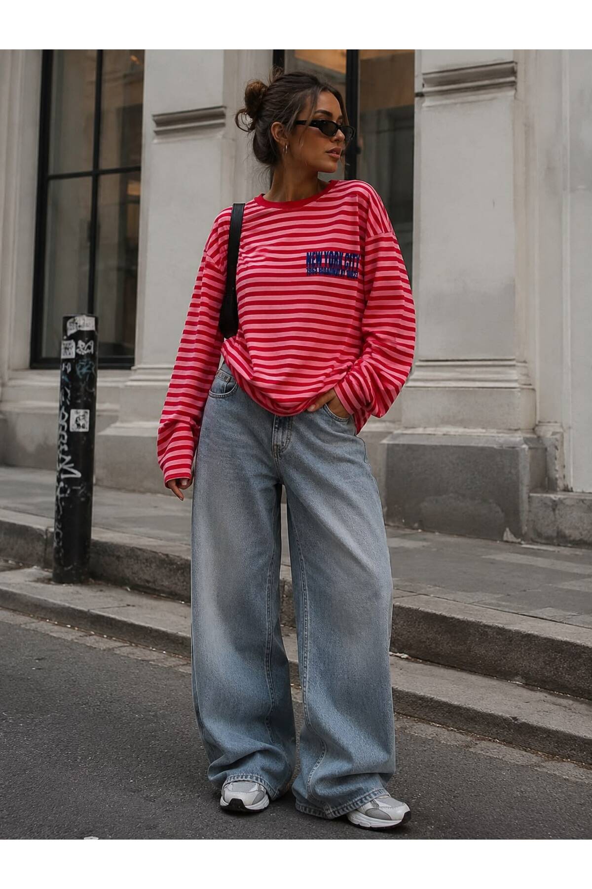 LOVES AGAZA Kadın Kırmızı Çizgili Oversize Tişört Uzun Kollu Bisiklet Yaka Basic %100 Pamuk görsel 3