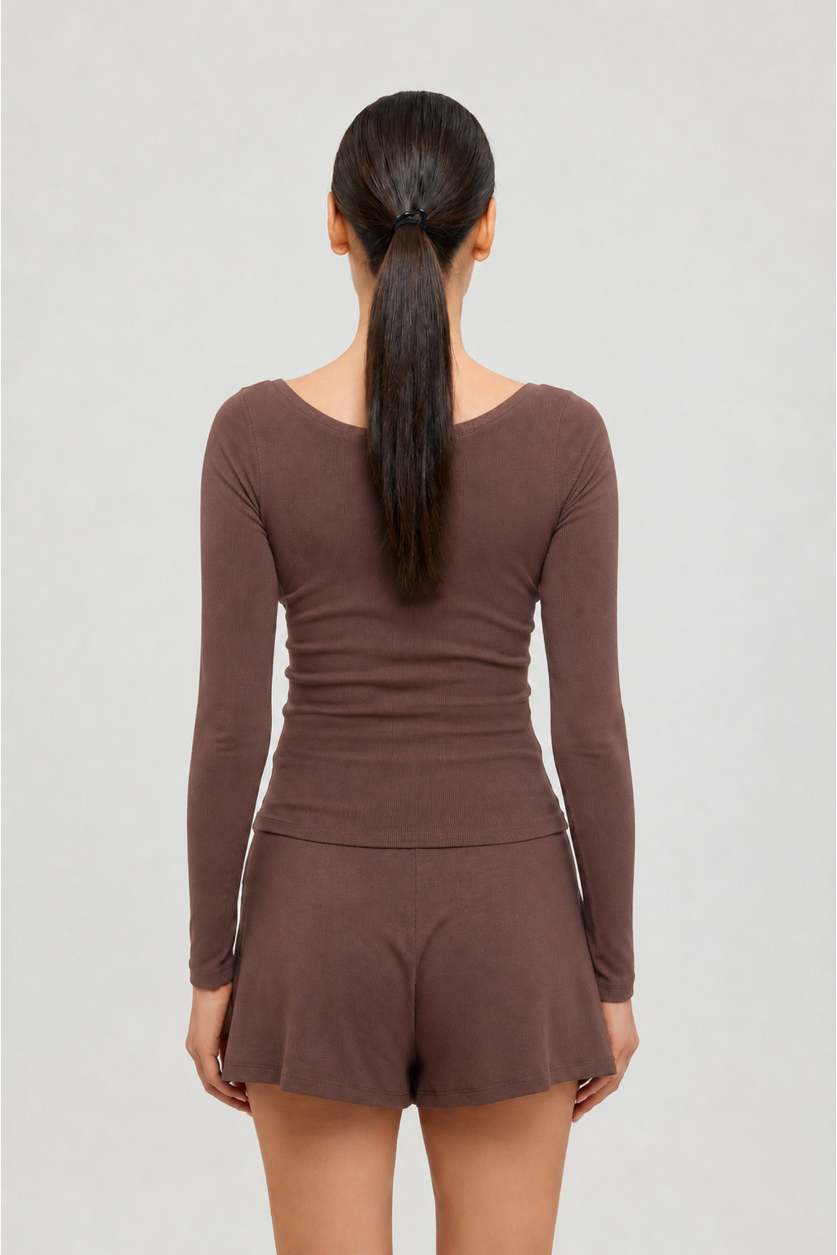SHEISMONO Soft Rib Oval Yaka Bluz Kahverengi görsel 3