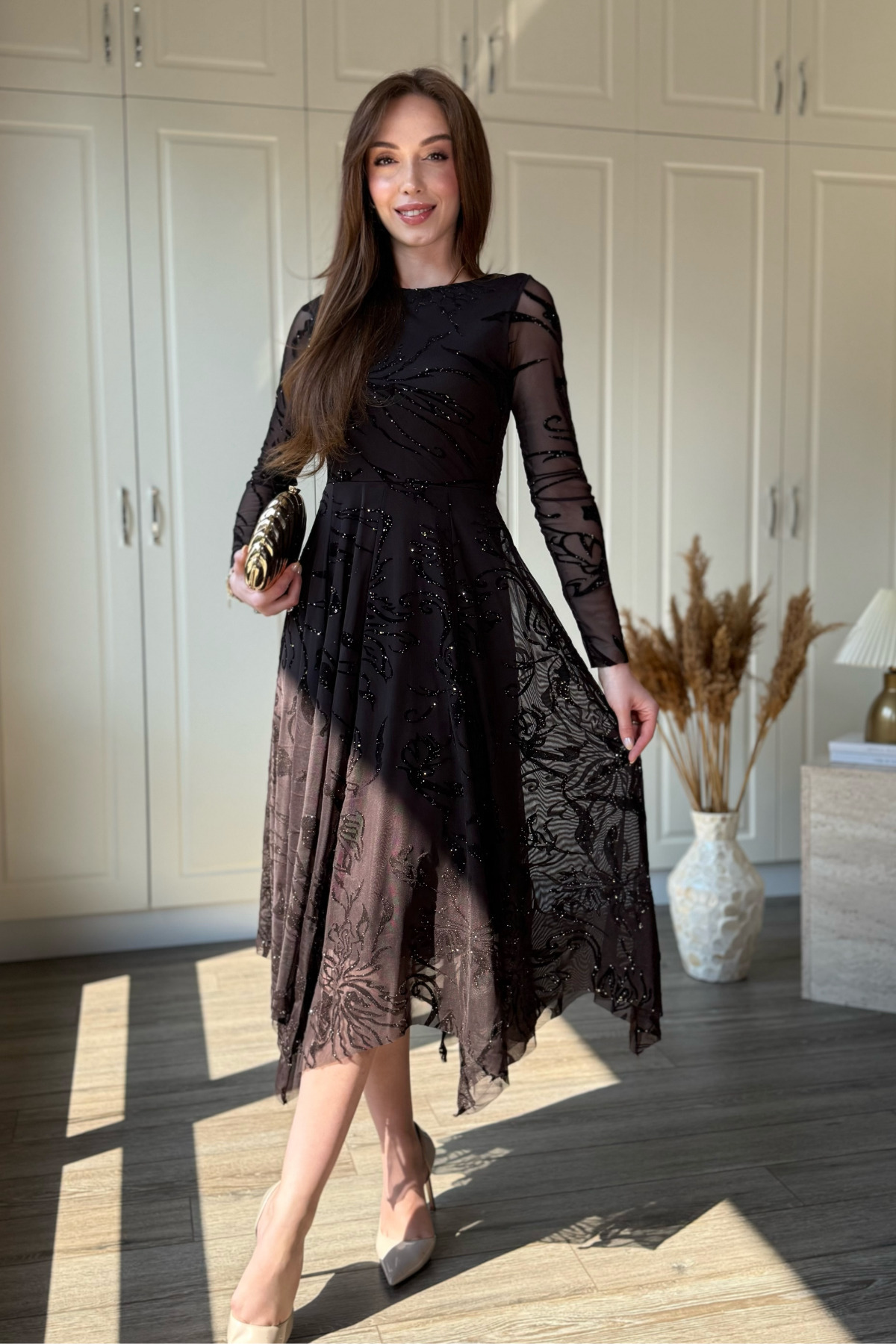 Dilay Gökoğlu Butik Simli Desenli Asimetrik Midi Kahverengi Elbise görsel 7