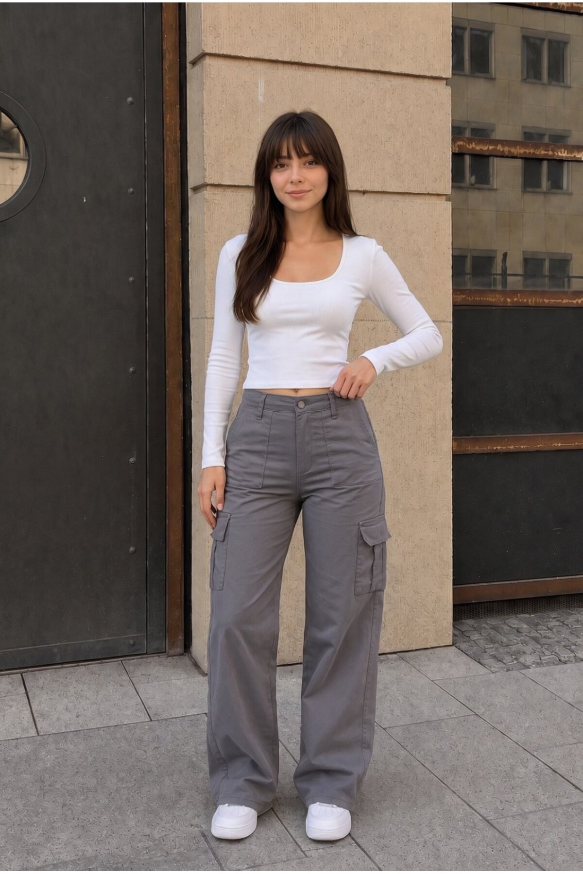 Kargo Cepli Likralı Yüksek Bel Wide Leg Okul Pantolonu Gri 6