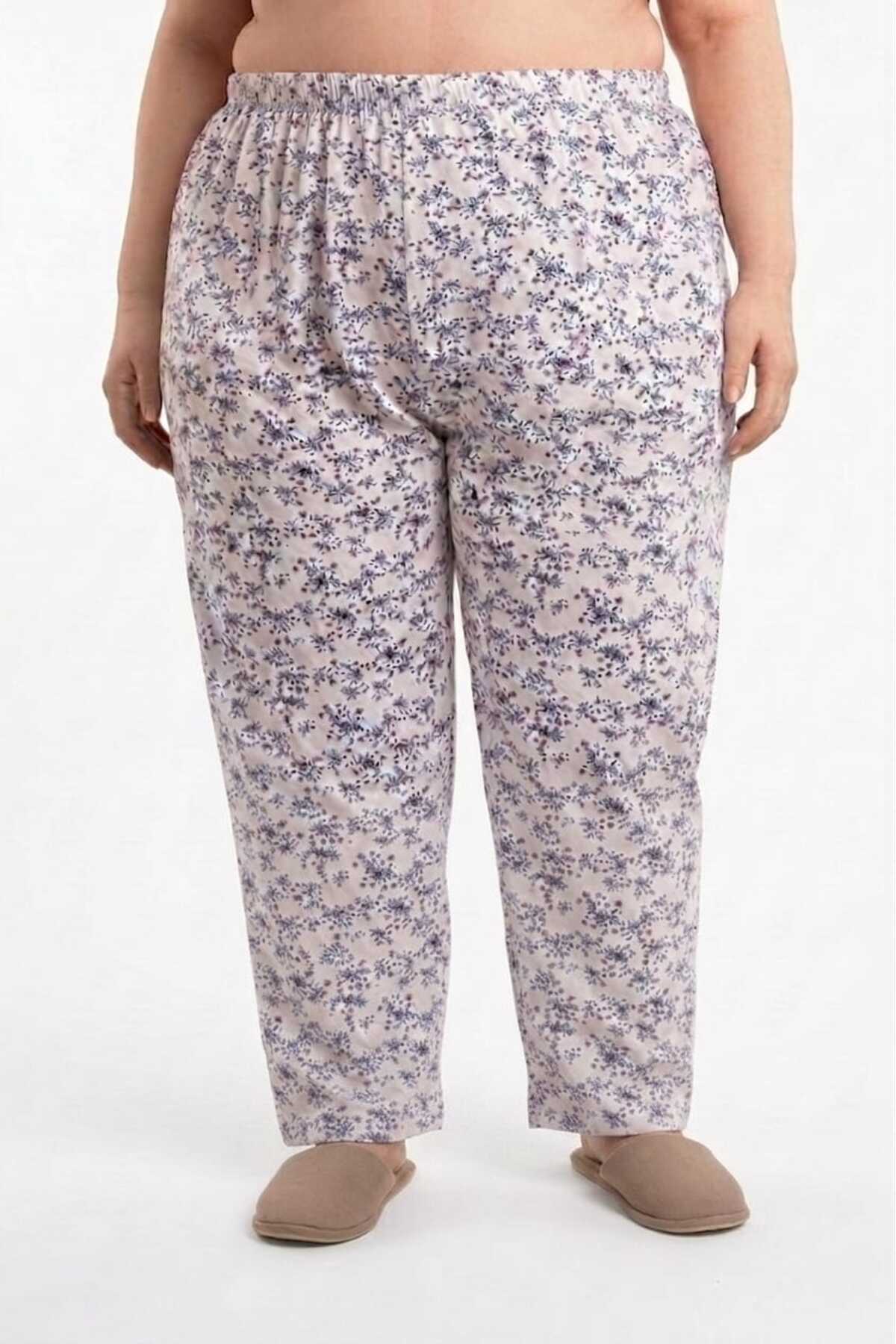 enmodaiçgiyim 5'li Paket %100 Pamuklu Büyük Beden Kadın Pijama Altı | Çiçek Desenli Rahat Anne - Babaanne Pijaması | Uyku Bandı Hediyeli görsel 5