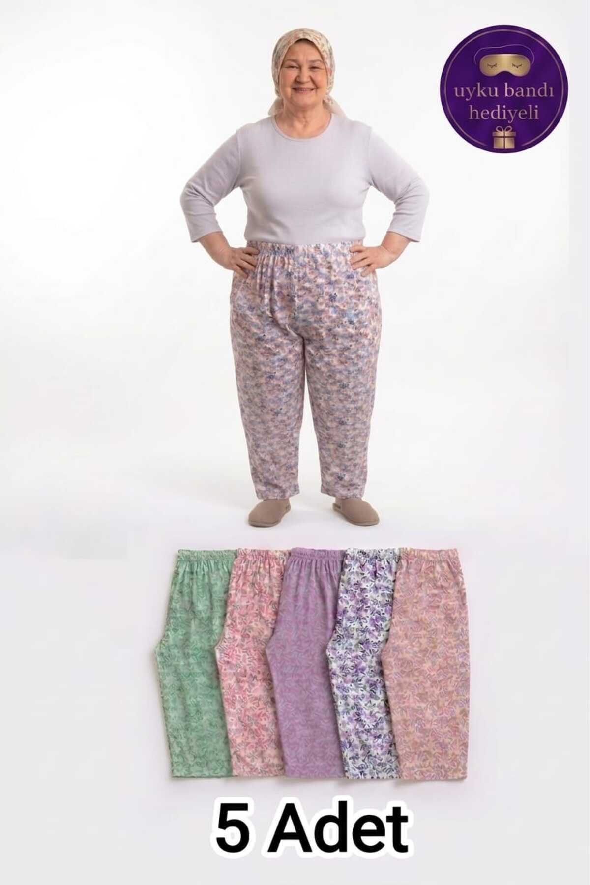 enmodaiçgiyim 5'li Paket %100 Pamuklu Büyük Beden Kadın Pijama Altı | Çiçek Desenli Rahat Anne - Babaanne Pijaması | Uyku Bandı Hediyeli