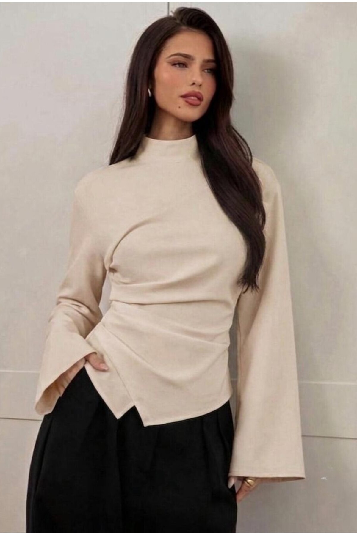 Moda Lounge Dik Yaka Drape Detaylı İspanyol Kollu Şık Bluz