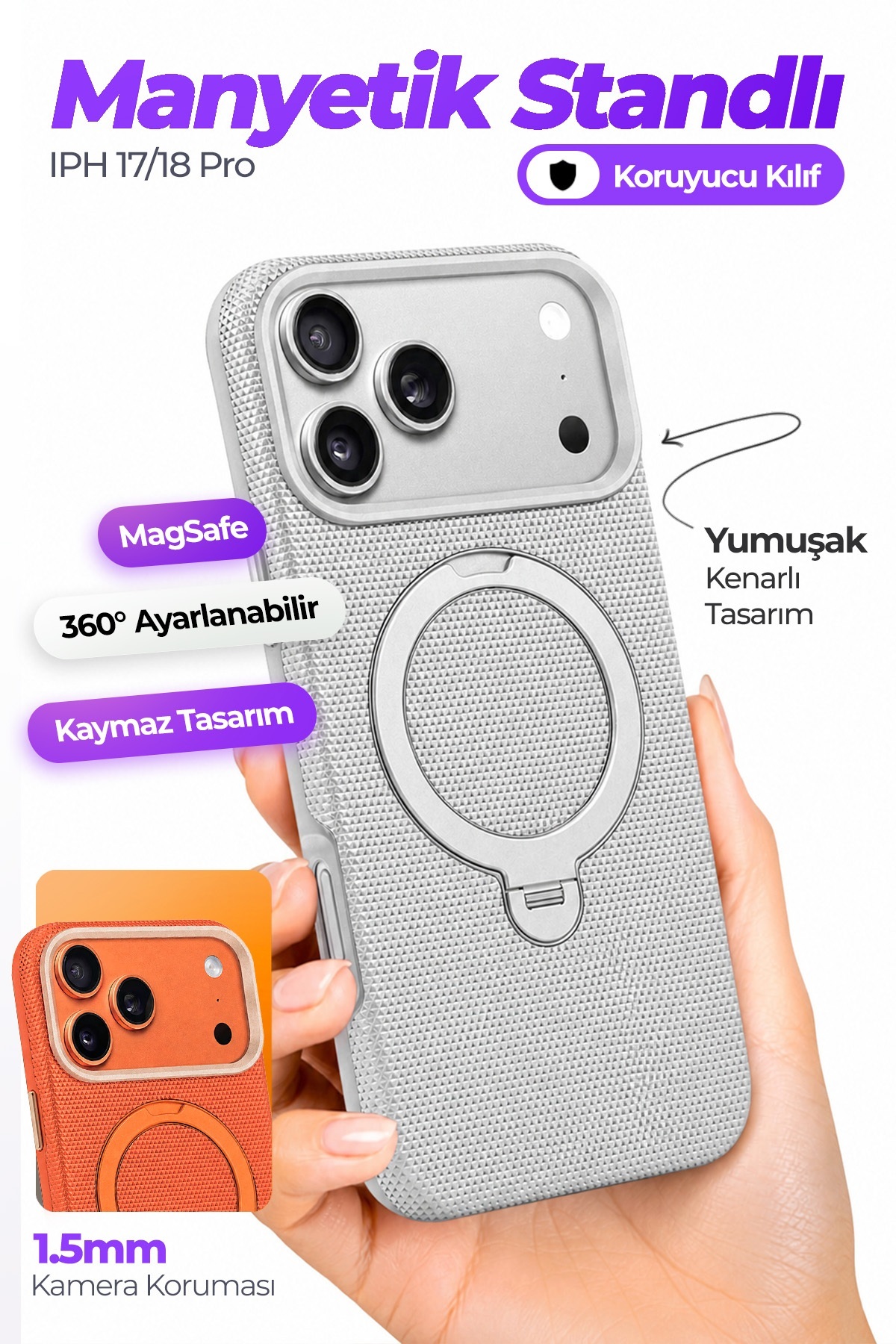 FTPC10 iPhone 17 Pro Uyumlu Gri MagSafe Kılıf 360° Döner Metal Halkalı Standlı Manyetik Kam