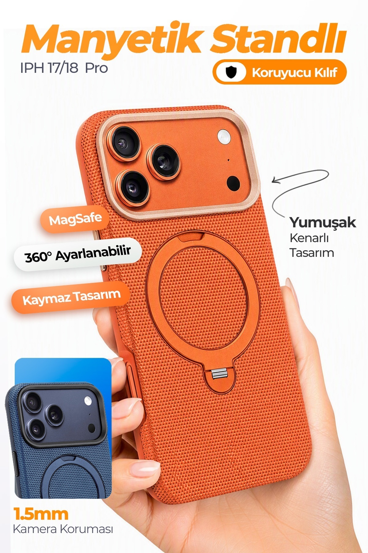 FTPC10 iPhone 17 Pro Uyumlu Turuncu MagSafe Kılıf 360° Döner Metal Halkalı Standlı Manyetik
