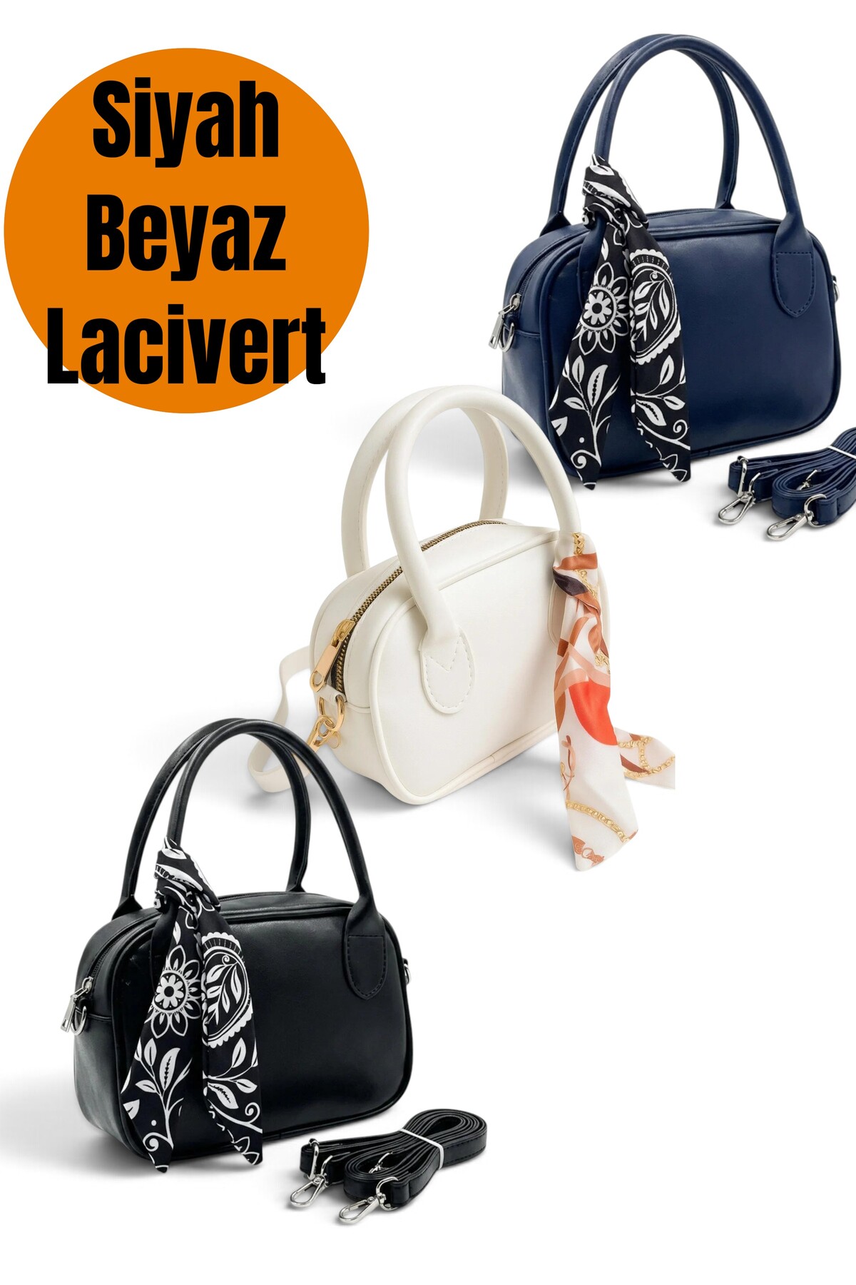 Morlex Siyah - Beyaz - Lacivert 3 lü Set Mini El & Omuz Çantası, Fular Hediyeli Suni Deri
