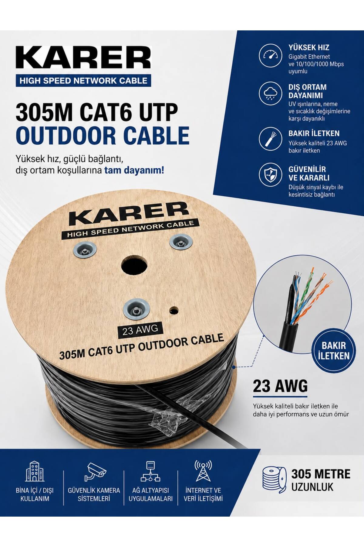 ExitCam 305 Metre CAT6 Utp Outdoor Dış Ortam İ̇nternet Ve Güvenlik Kamera Kablosu 23 Awg Bakır İ̇letken