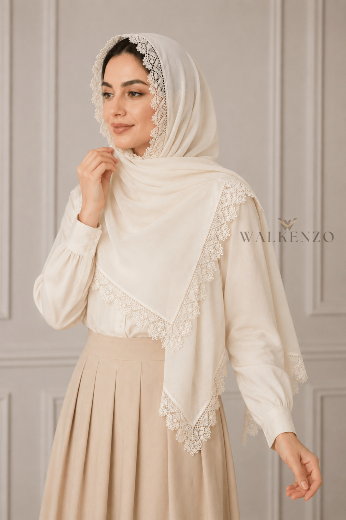Walkenzo İğne Oyası El İşçiliği Gibi Mevlüt Örtüsü | Çeyizlik Namaz Başörtüsü Şal 70x150 cm- KIRIK BEYAZ (SEDEF) görsel 3