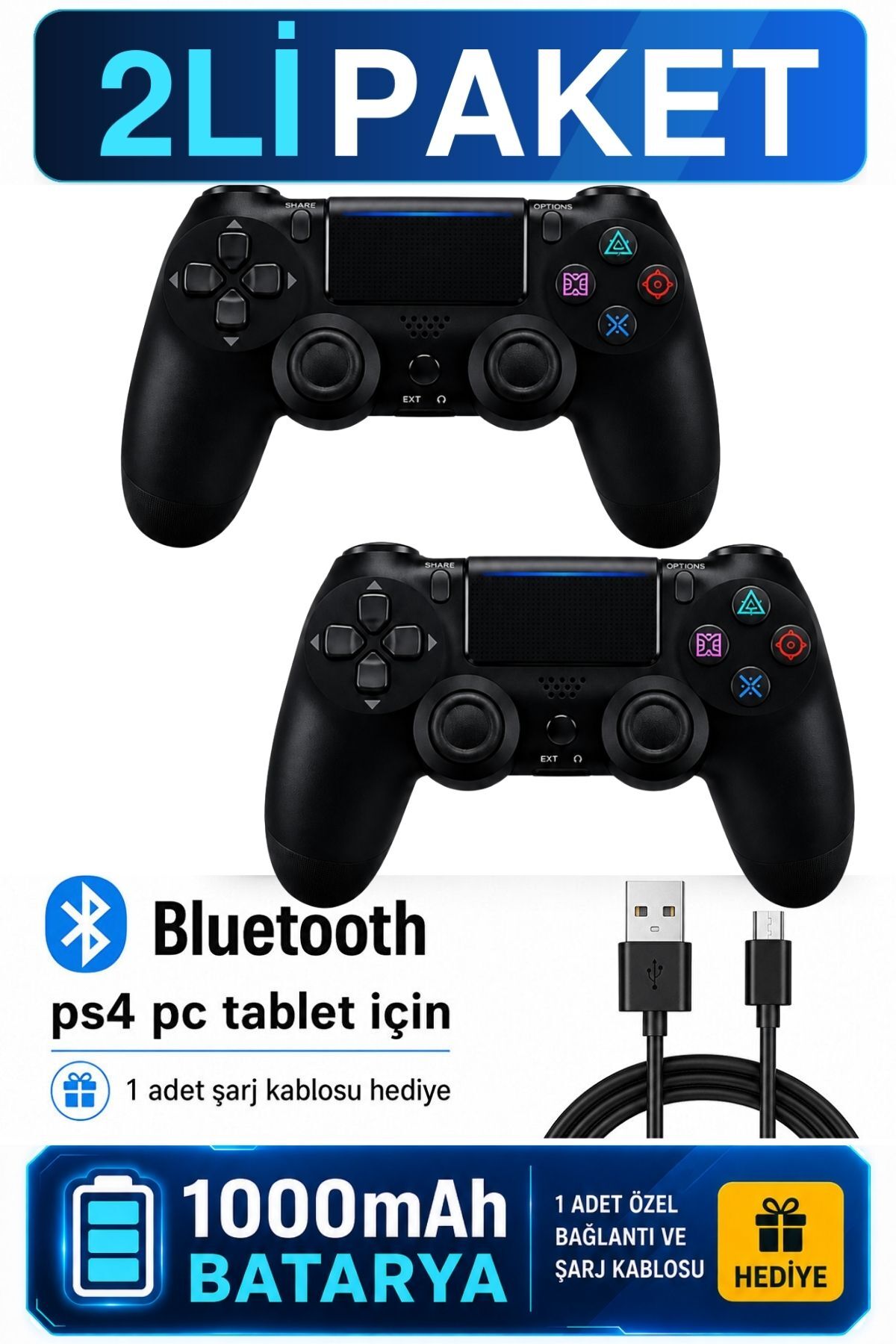 Zineets 2Lİ PAKET PS4 Kablosuz Oyun Kolu Titreşimli Joystick Tablet Telefon PC PS3 PS4 Uyumlu