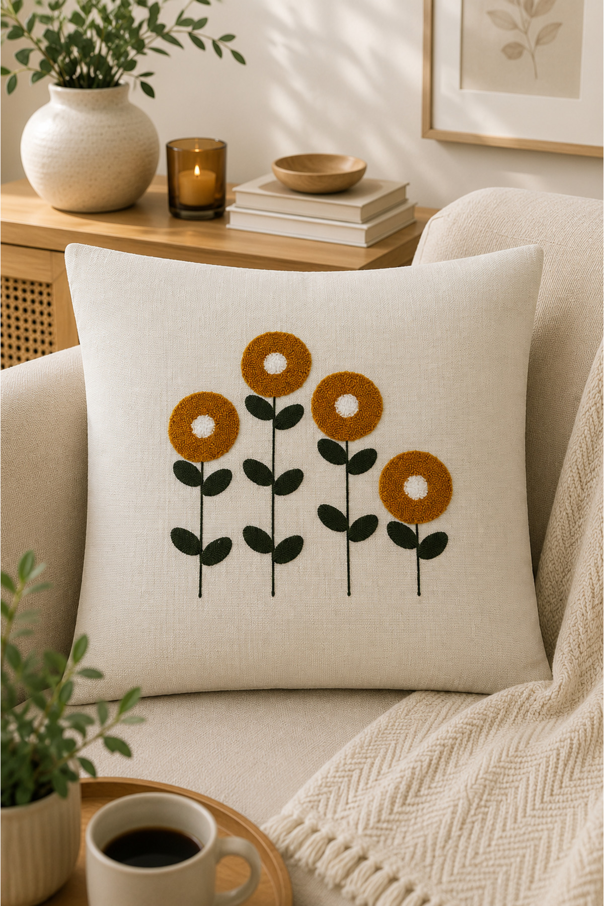 2 Adet Punch Kırlent Kılıfı 43x43 cm – Dekoratif Nakışlı Kırlent Seti