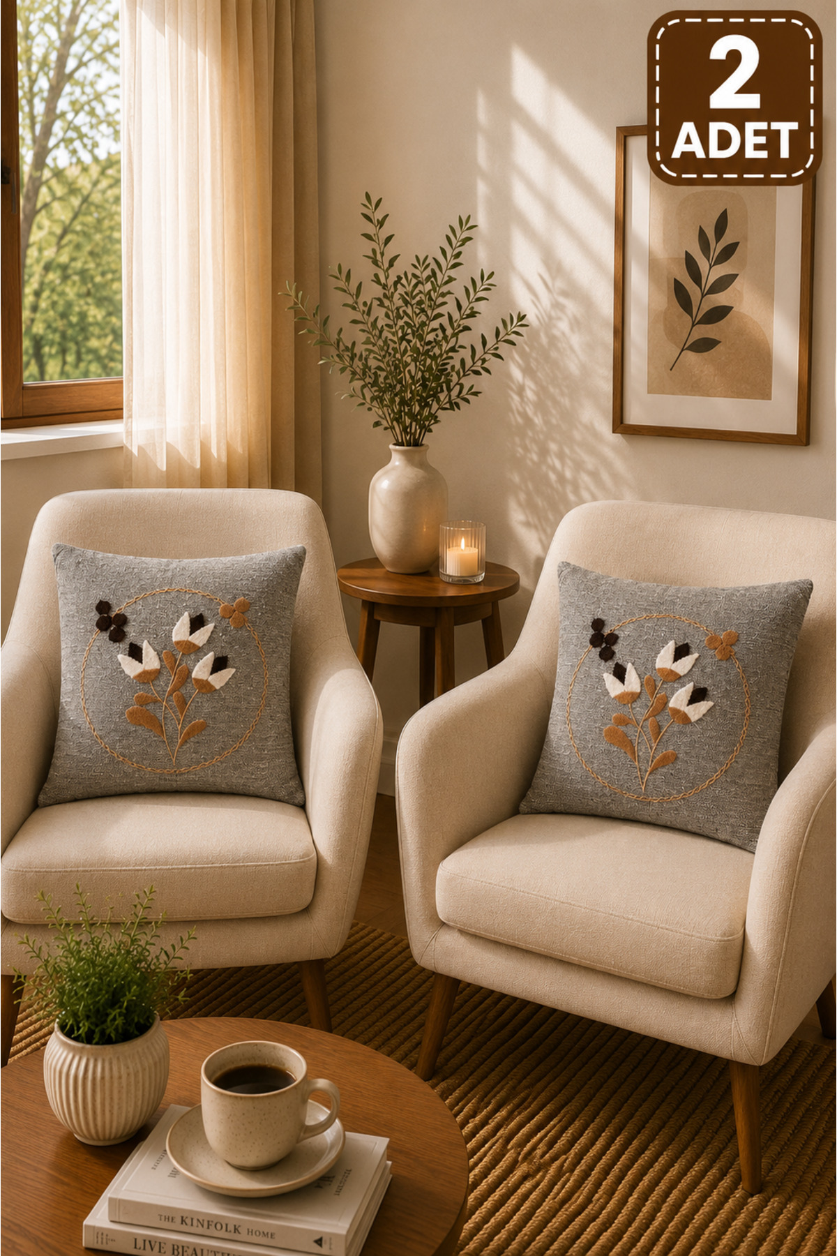 2 Adet Punch Kırlent Kılıfı 43x43 cm – Dekoratif Nakışlı Kırlent Seti