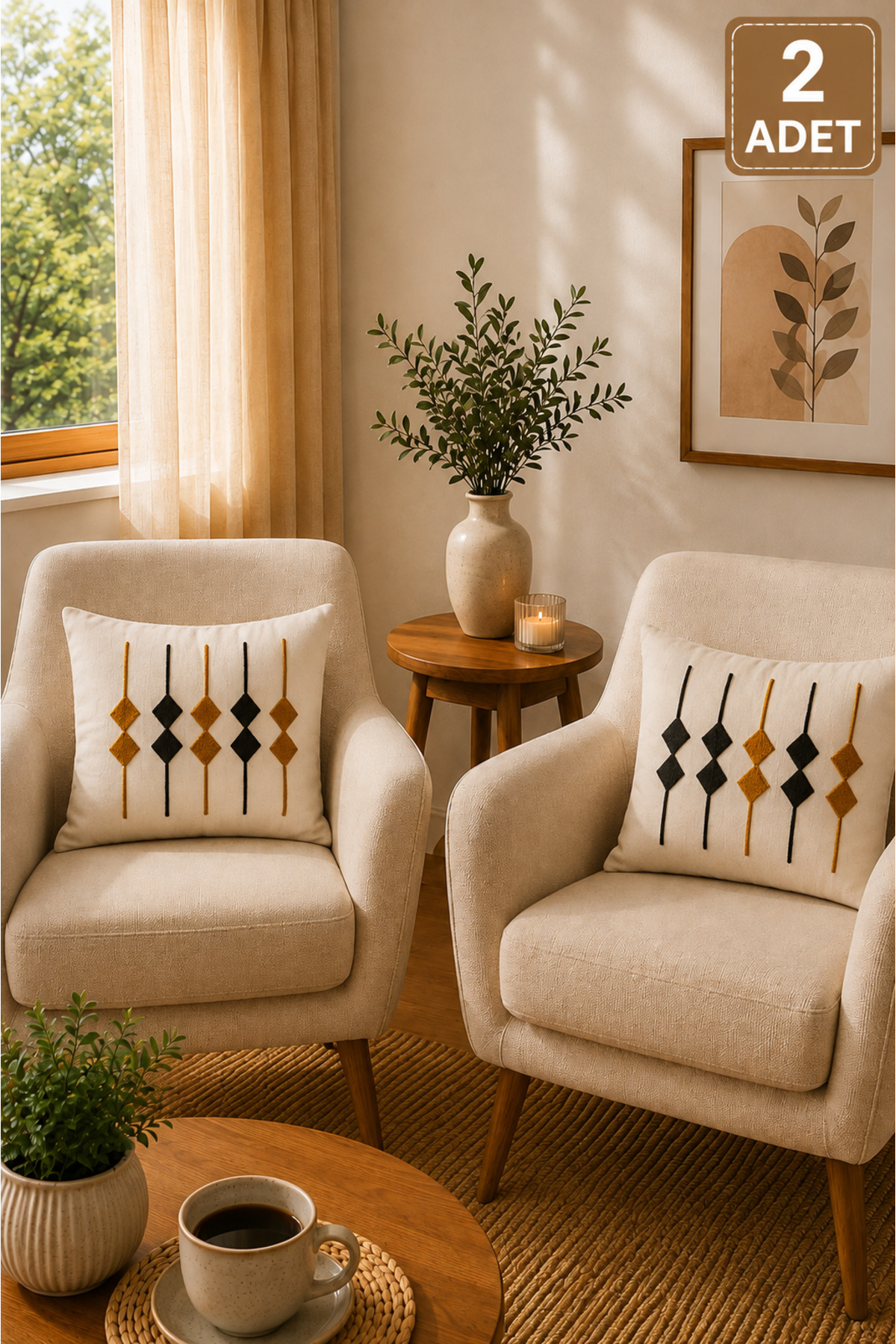 2 Adet Punch Kırlent Kılıfı 43x43 cm – Dekoratif Nakışlı Kırlent Seti