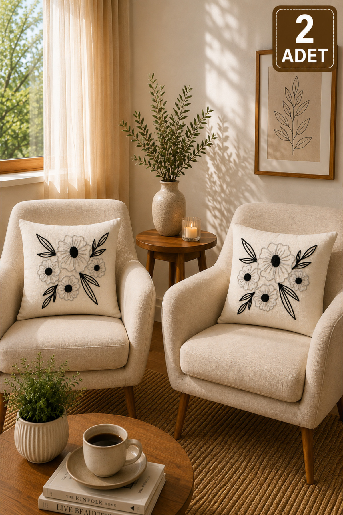 2 Adet Punch Kırlent Kılıfı 43x43 cm – Dekoratif Nakışlı Kırlent Seti