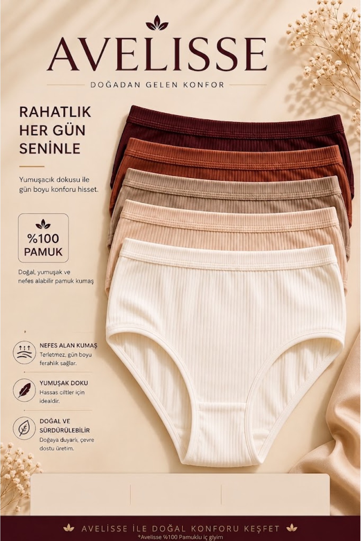 Avelisse Kadın Fitilli Ribana Pamuklu yüksek Bel Külot 5 li Paket Taş