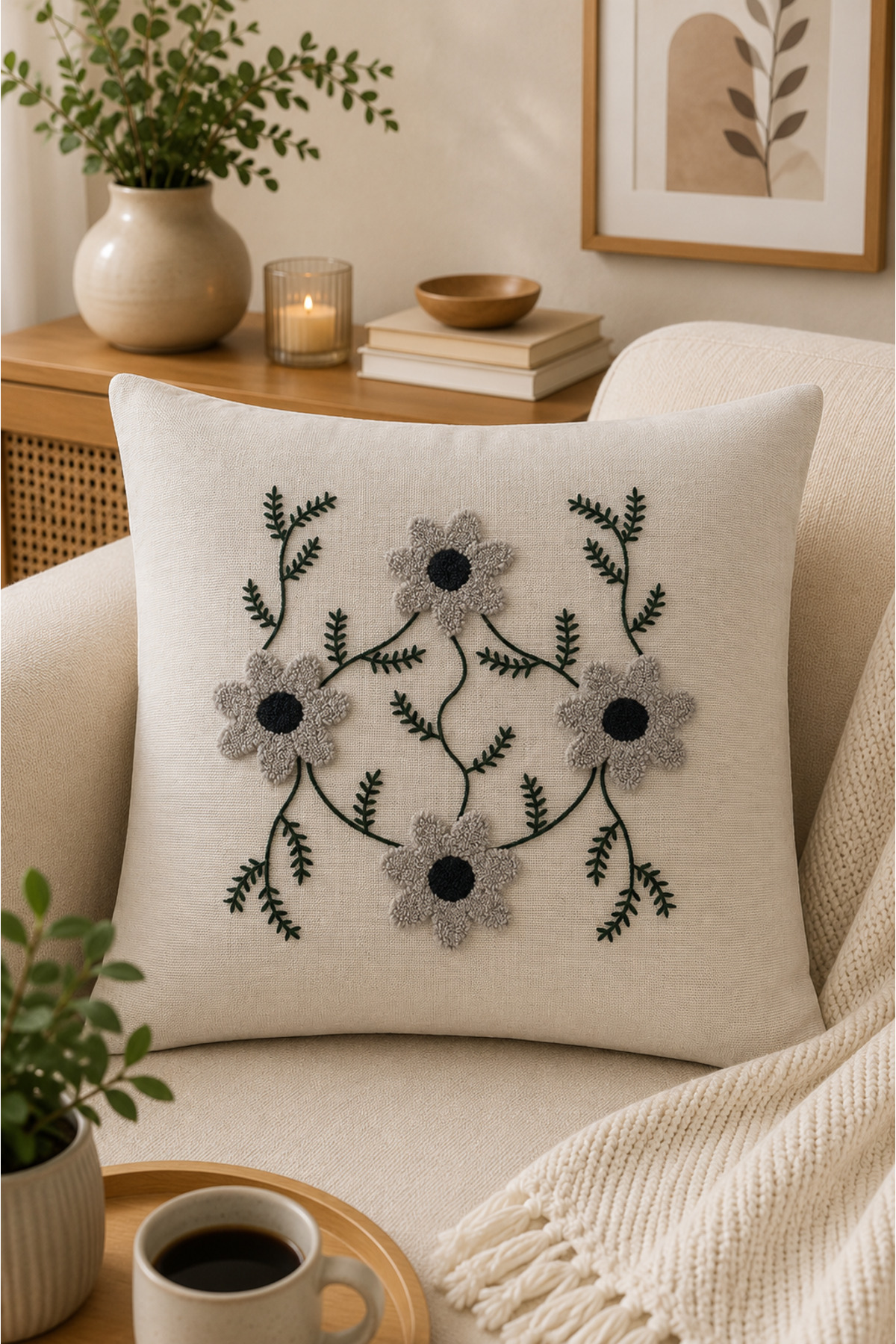 2 Adet Punch Kırlent Kılıfı 43x43 cm – Dekoratif Nakışlı Kırlent Seti