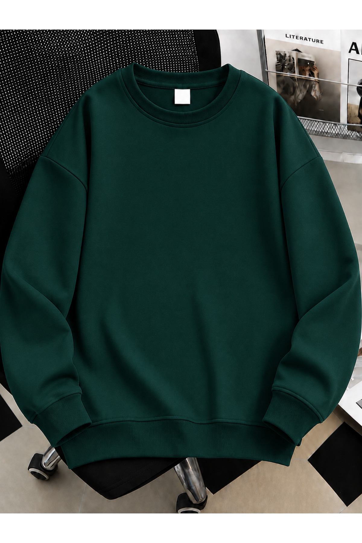 Revasser Unisex Kadın/Erkek Düz Renkli Baskısız Oversize Bisiklet Yaka Pamuklu Sweatshirt