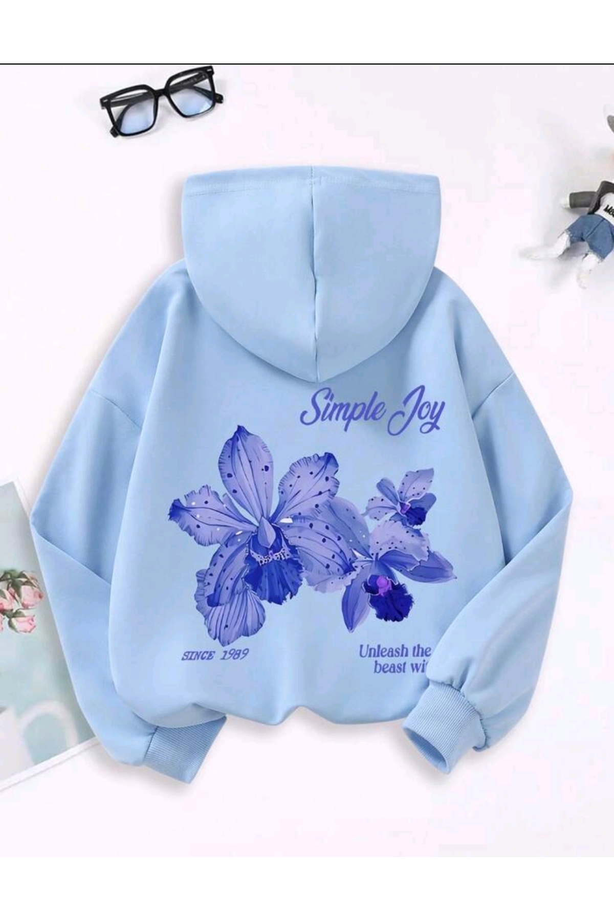 سویشرت کلاه‌دار بزرگ سایز نخی طرح‌دار سفارشی و رنگارنگ، مردانه/زنانه، مدل SIMPLE JOY — رنگارنگ، کلاه‌دار، منسجم — تصویر 2 از 3