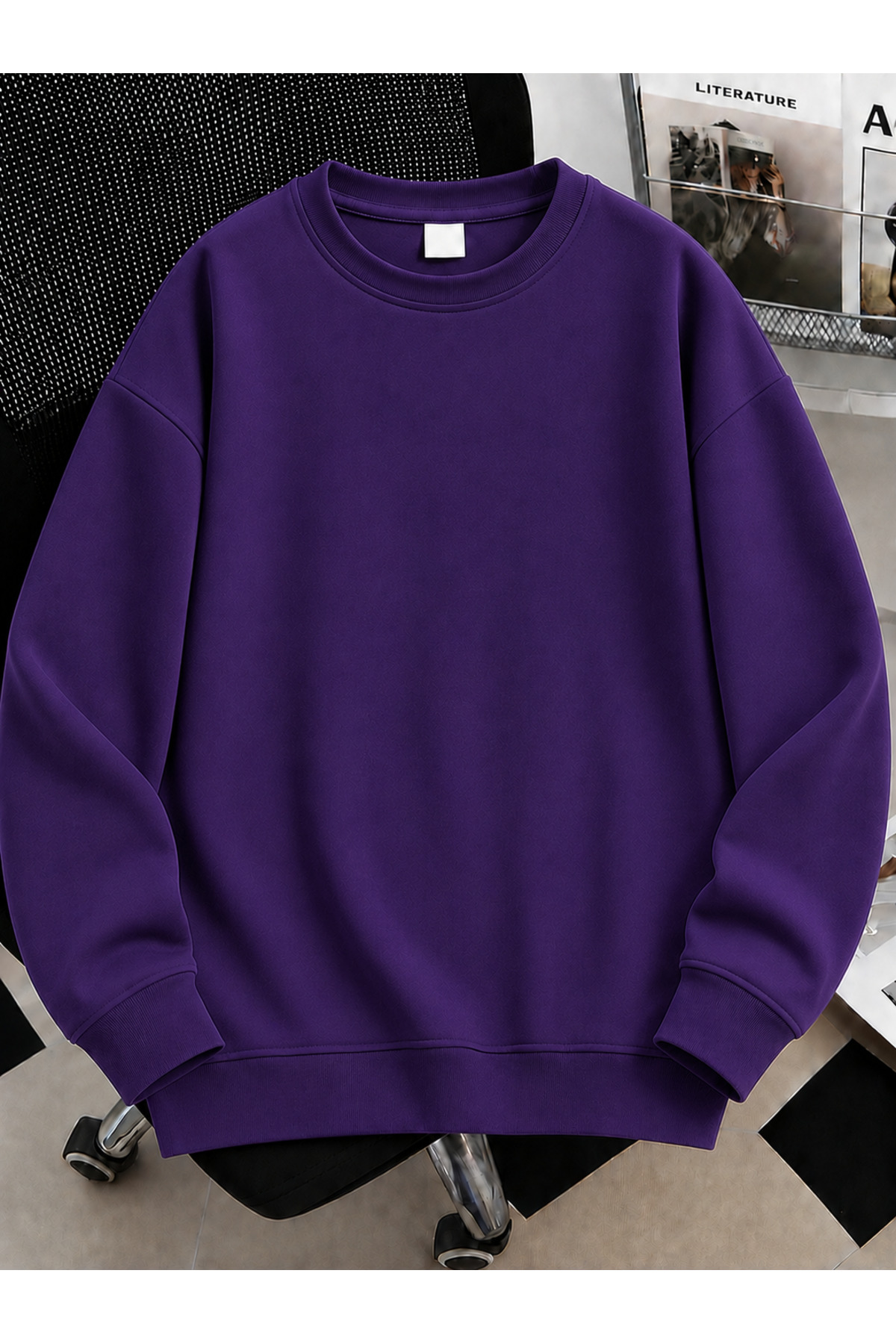 Revasser Unisex Kadın/Erkek Düz Renkli Baskısız Oversize Bisiklet Yaka Pamuklu Sweatshirt