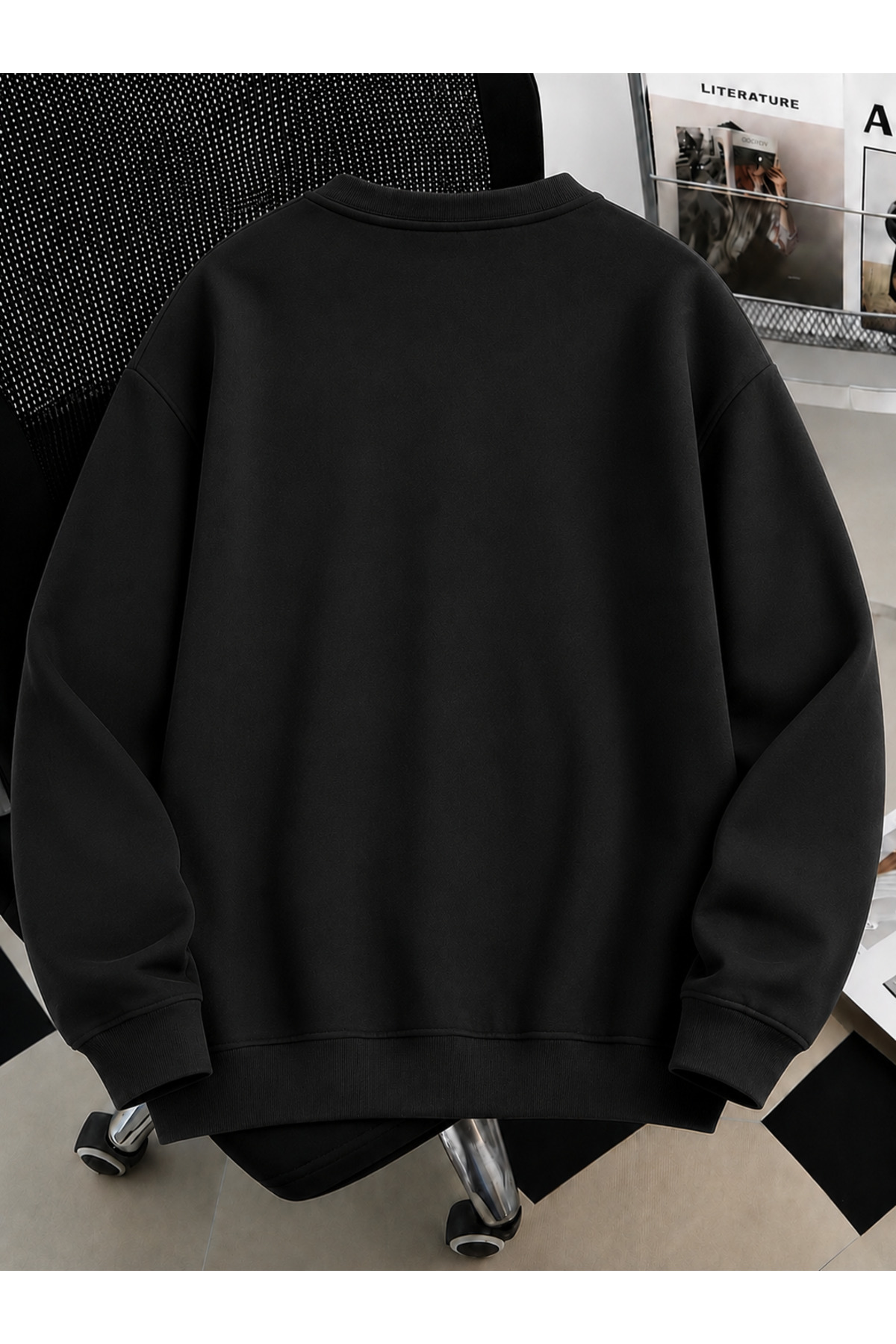 Revasser Unisex Kadın/Erkek Düz Renkli Baskısız Oversize Bisiklet Yaka Pamuklu Sweatshirt görsel 2