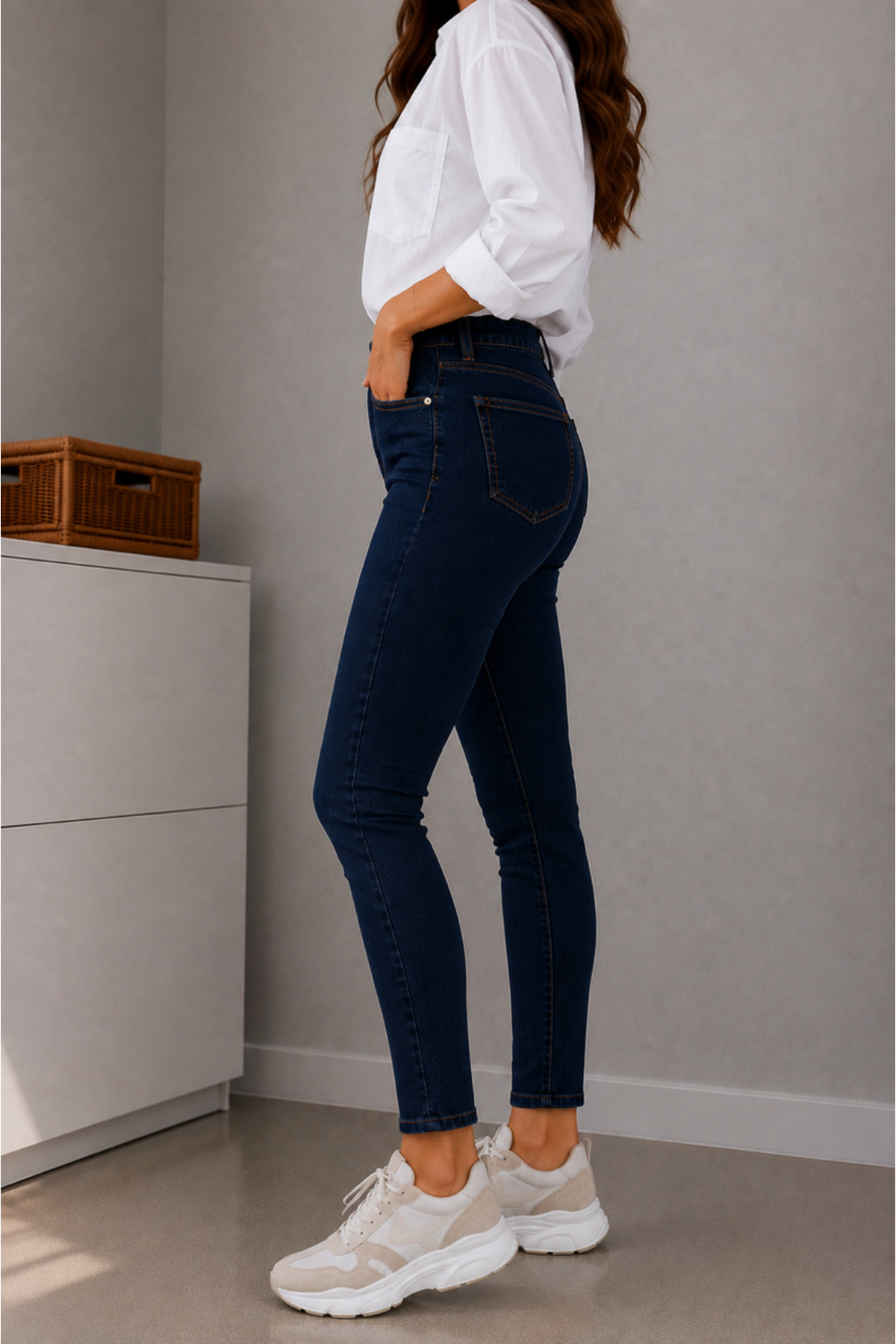 DELDNM Wild Kadın Lacivert Yüksek Bel Likralı Dar Paça Jean Skinny Kot Pantolon görsel 3