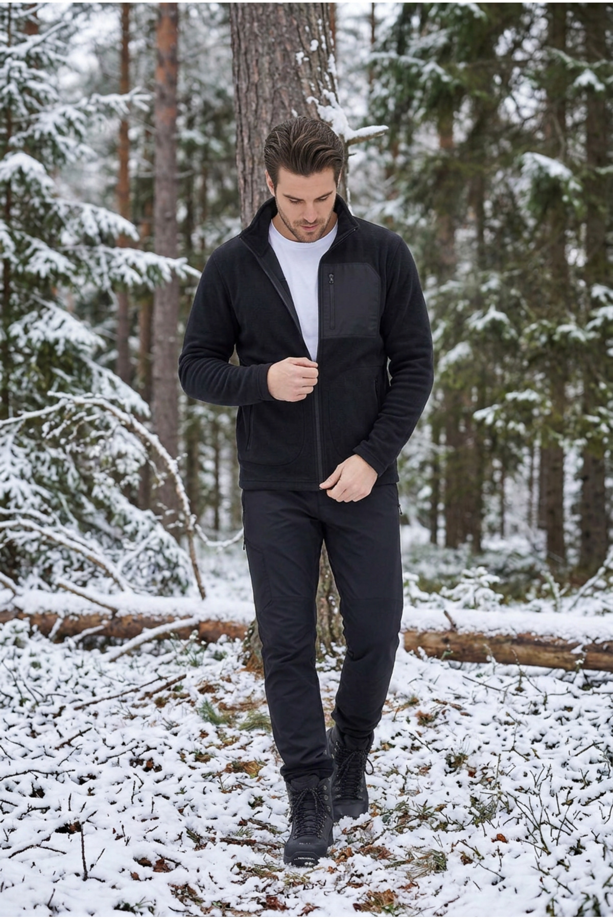 Erkek Siyah Polar Ceket Fermuarlı Dik Yaka Kışlık Kalın Polar Sweatshirt Outdoor — مشکی E0500 — تصویر 3 از 6