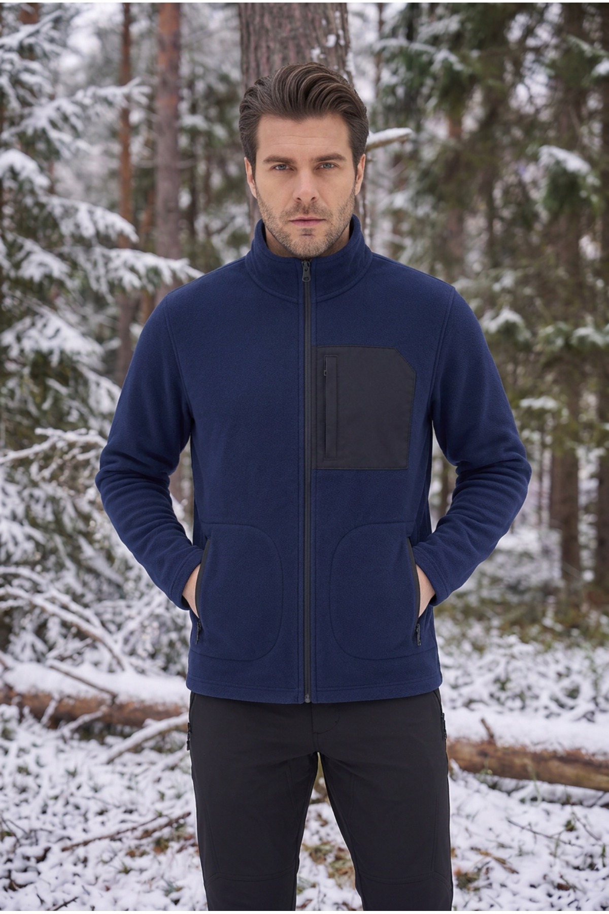ASHEY Erkek Lacivert Polar Ceket Fermuarlı Dik Yaka Kışlık Kalın Polar Sweatshirt Outdoor görsel 2