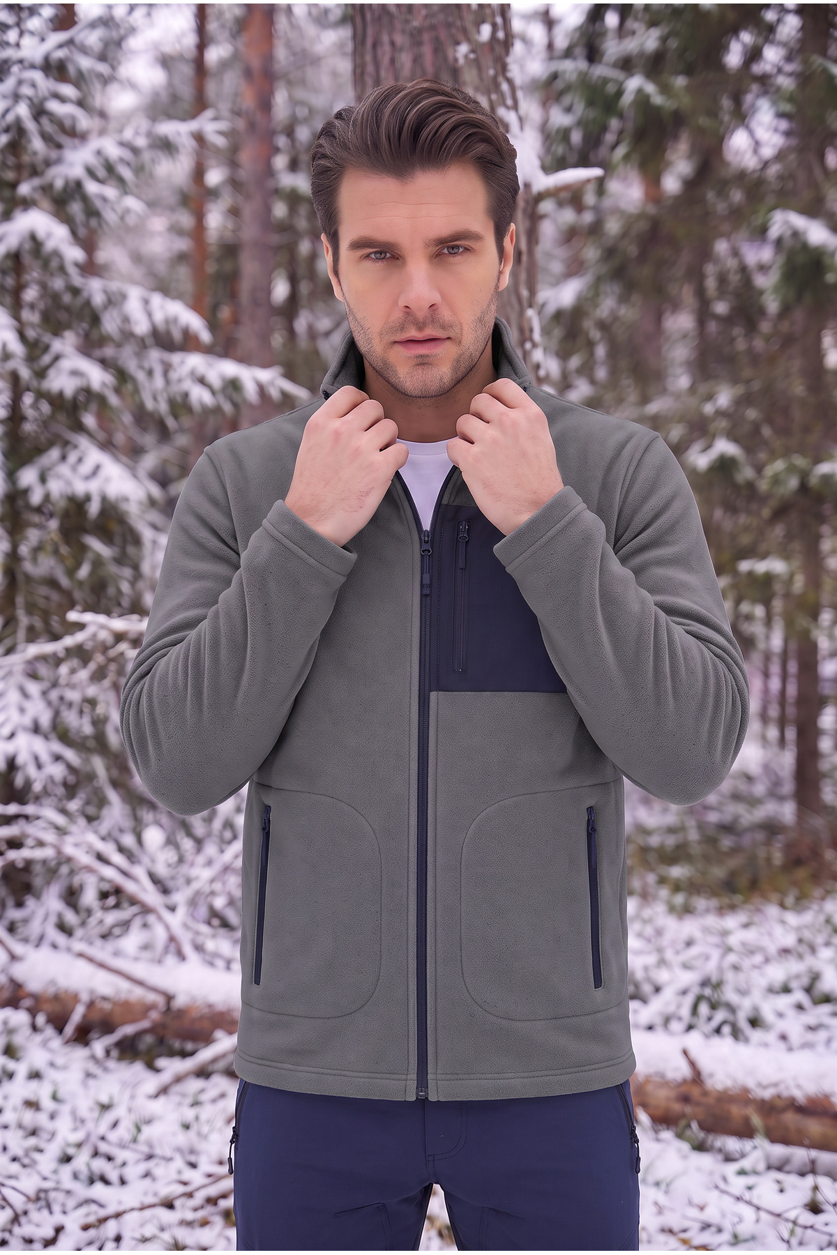 Erkek Füme Polar Ceket Fermuarlı Dik Yaka Kışlık Kalın Polar Sweatshirt Outdoor — رنگارنگ E0500