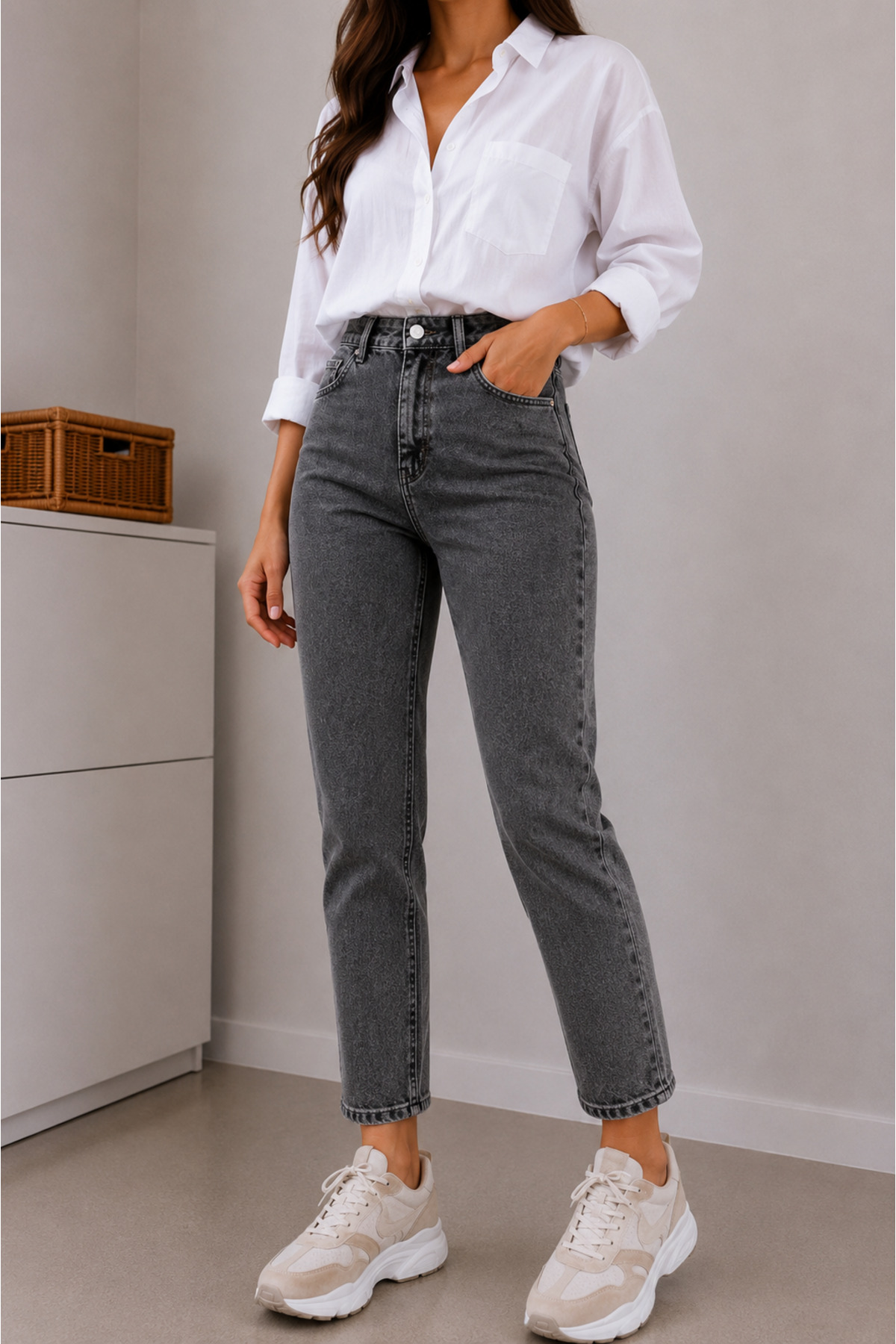 DELDNM Alley Kadın Füme Yüksek Bel Likralı Trend Mom Jean