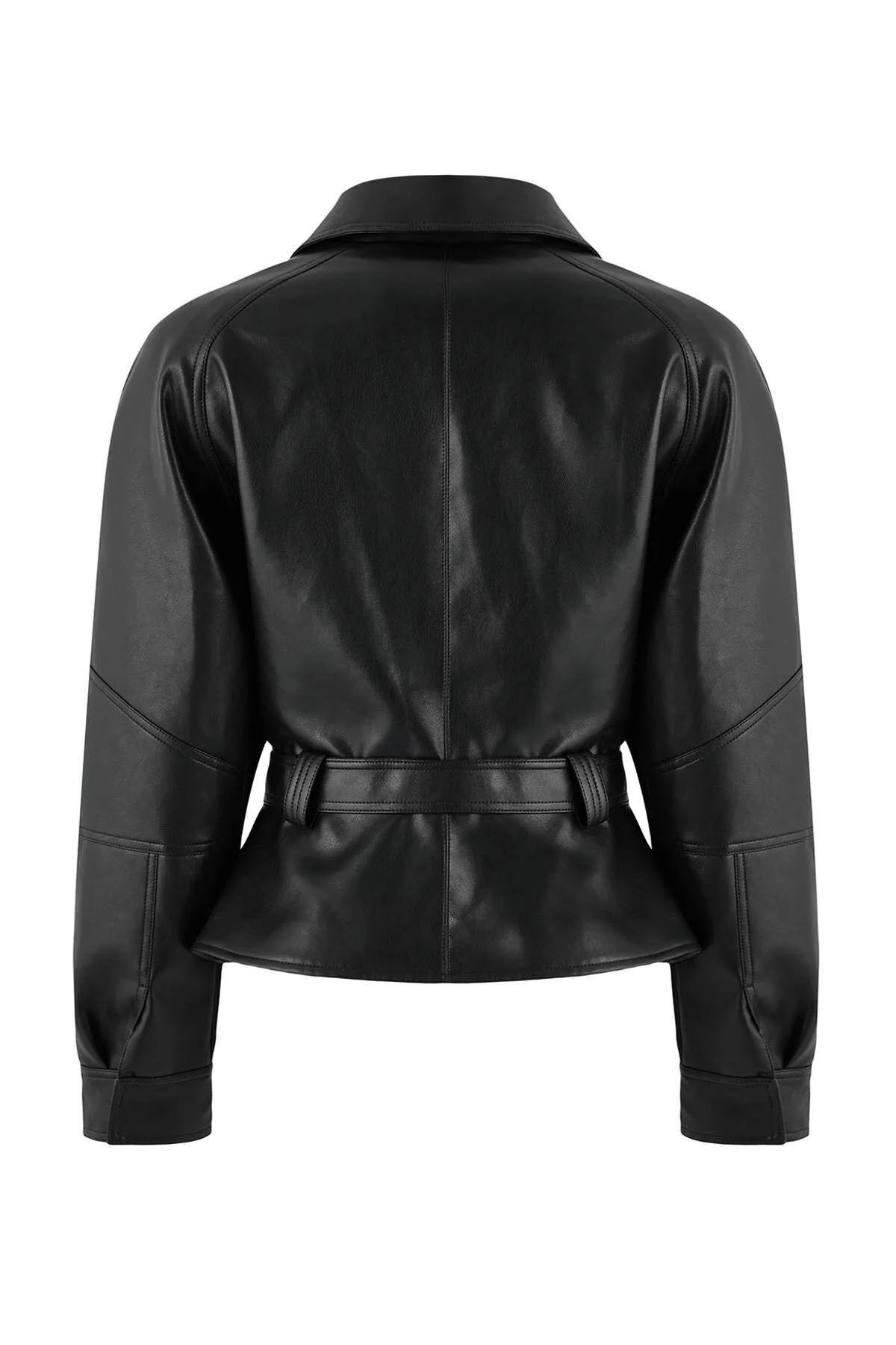 Moderk ZRA Peplum Kemerli Deri Ceket görsel 7