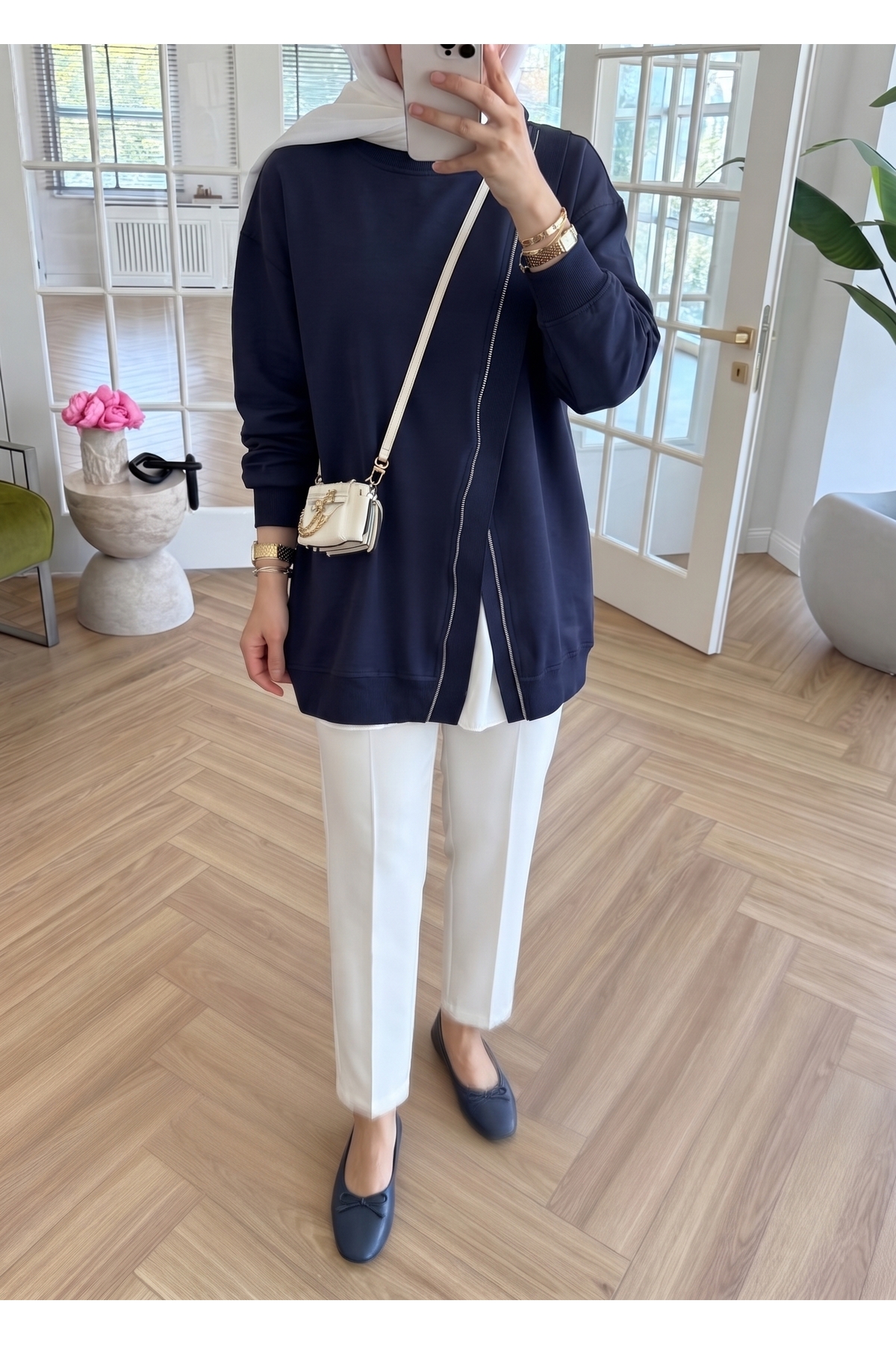 nizzell Oversize Sweatshirt Kadın - 75 cm Uzun Boy Asimetrik Fermuarlı Salaş Sweet Tunik görsel 2