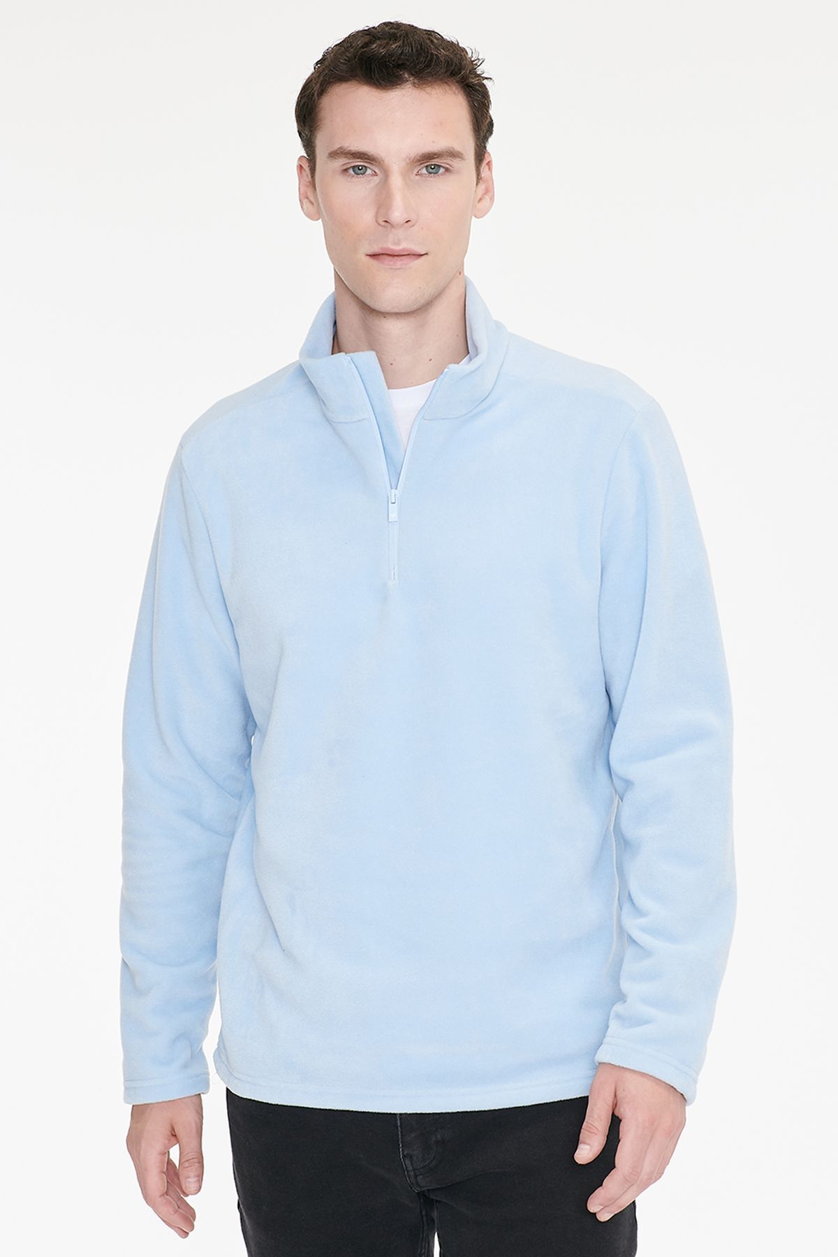 AC&Co / Altınyıldız Classics Erkek Mavi Anti-Pilling Tüylenme Yapmayan Standart Fit Dik Yaka Polar Sweatshirt görsel 3