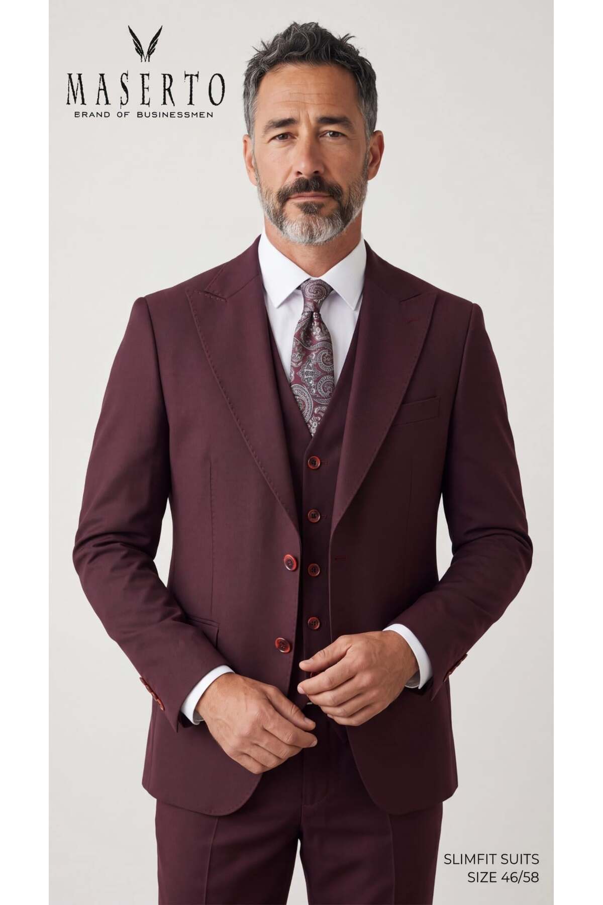 Erkek Bordo Slim Fit Yelekli 3 Parça Takım Elbise — زرشکی YLK99