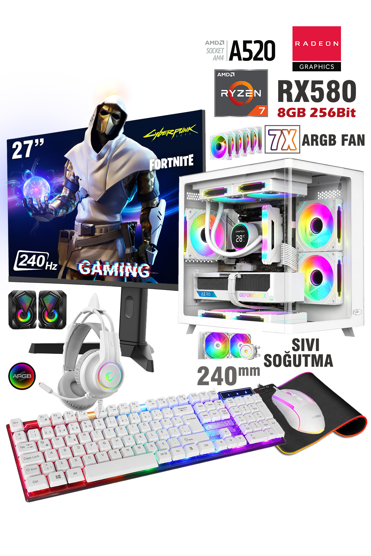 Zeiron Stinger X70 White Ryzen 7 5700 32GB RAM 512GB SSD RX580 8GB 27\" 240Hz Sıvı Soğutmalı Oyuncu Masaüstü Bilgisayar