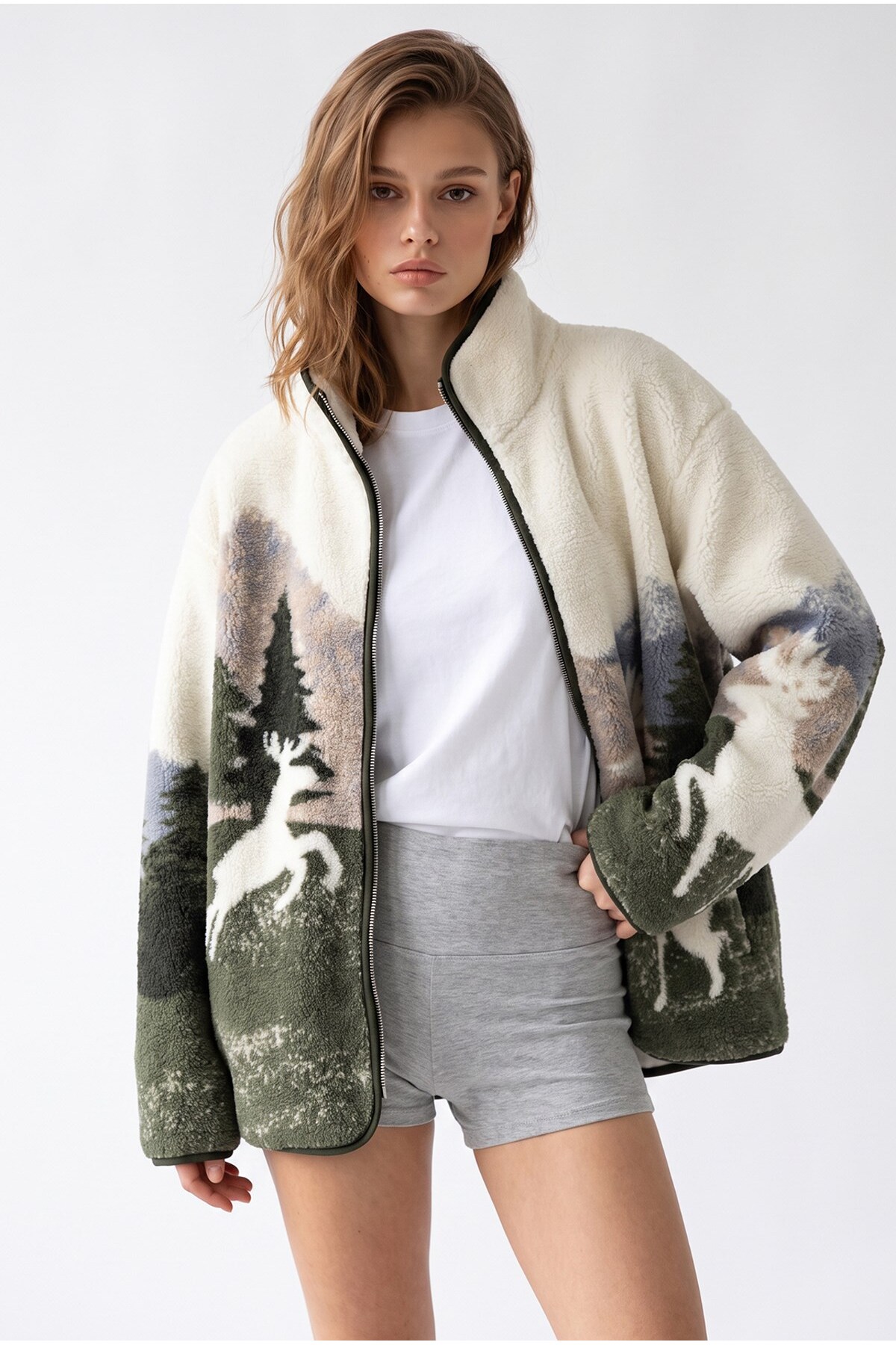 Mixray 4981 Kadın Geyik ve Orman Desenli Cepli Yumuşak Dokulu Polar Sweatshirt görsel 3