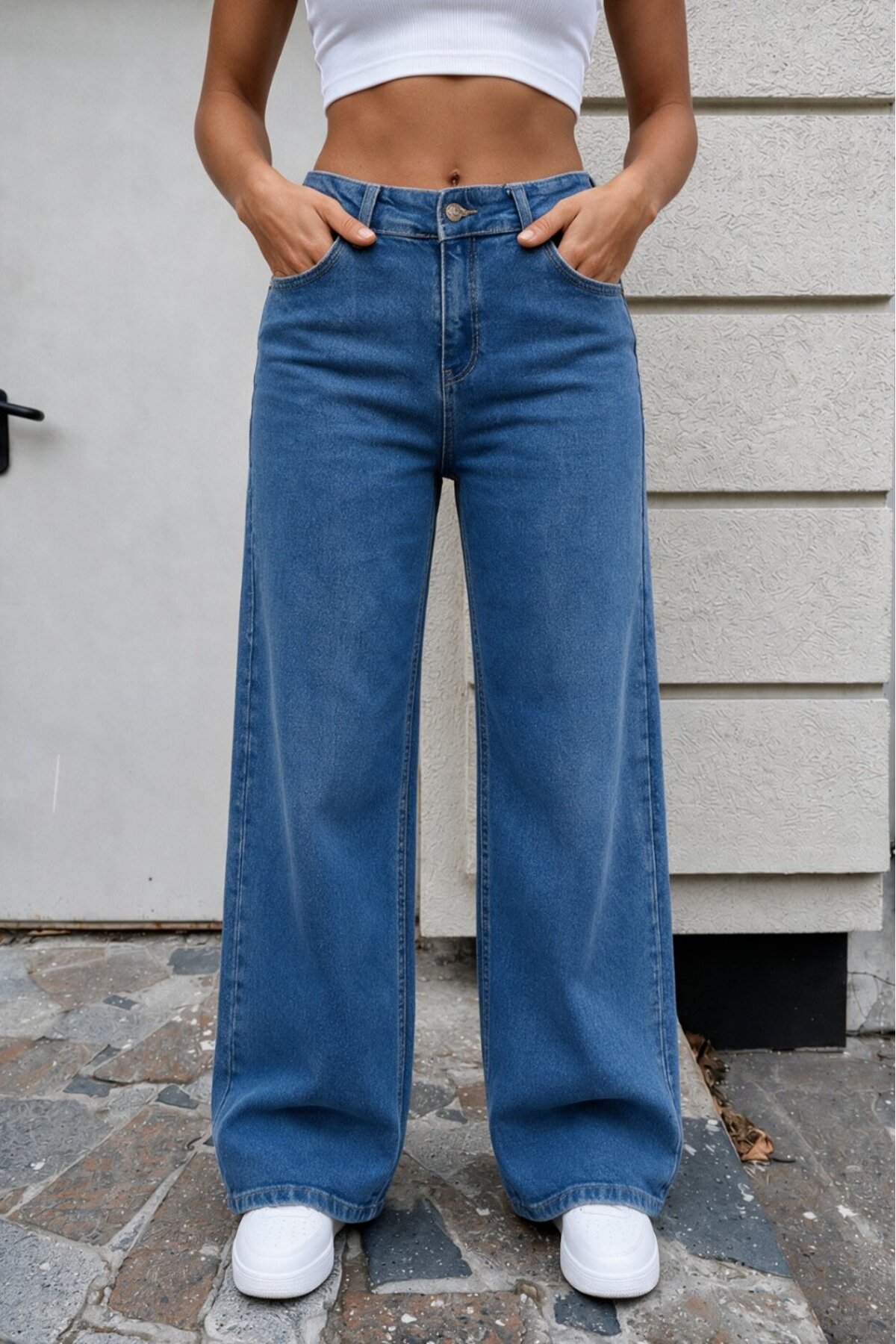 Kadın Mavi Geniş Paça Yüksek Bel Jean Pantolon 3