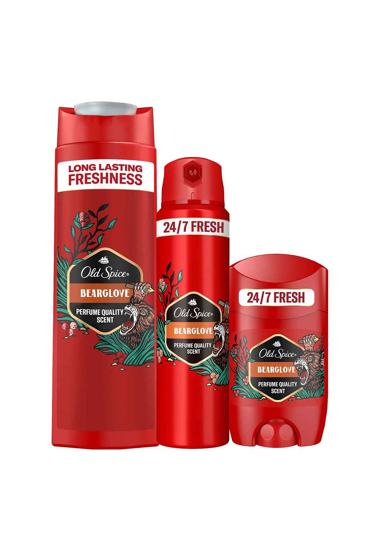 ست مراقبت مردانه Bearglove: دئودورانت استیک 50 میلی‌لیتر، دئودورانت اسپری 150 میلی‌لیتر، ژل دوش و شامپو 400 میلی‌لیتر