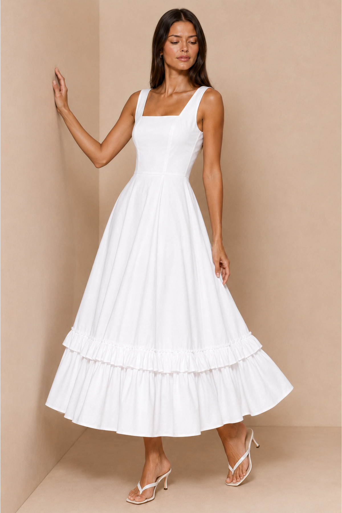 LADYA COLLECTION Beyaz Etek Ucu Fırfır Detaylı Kare Yaka Midiboy Elbise görsel 6