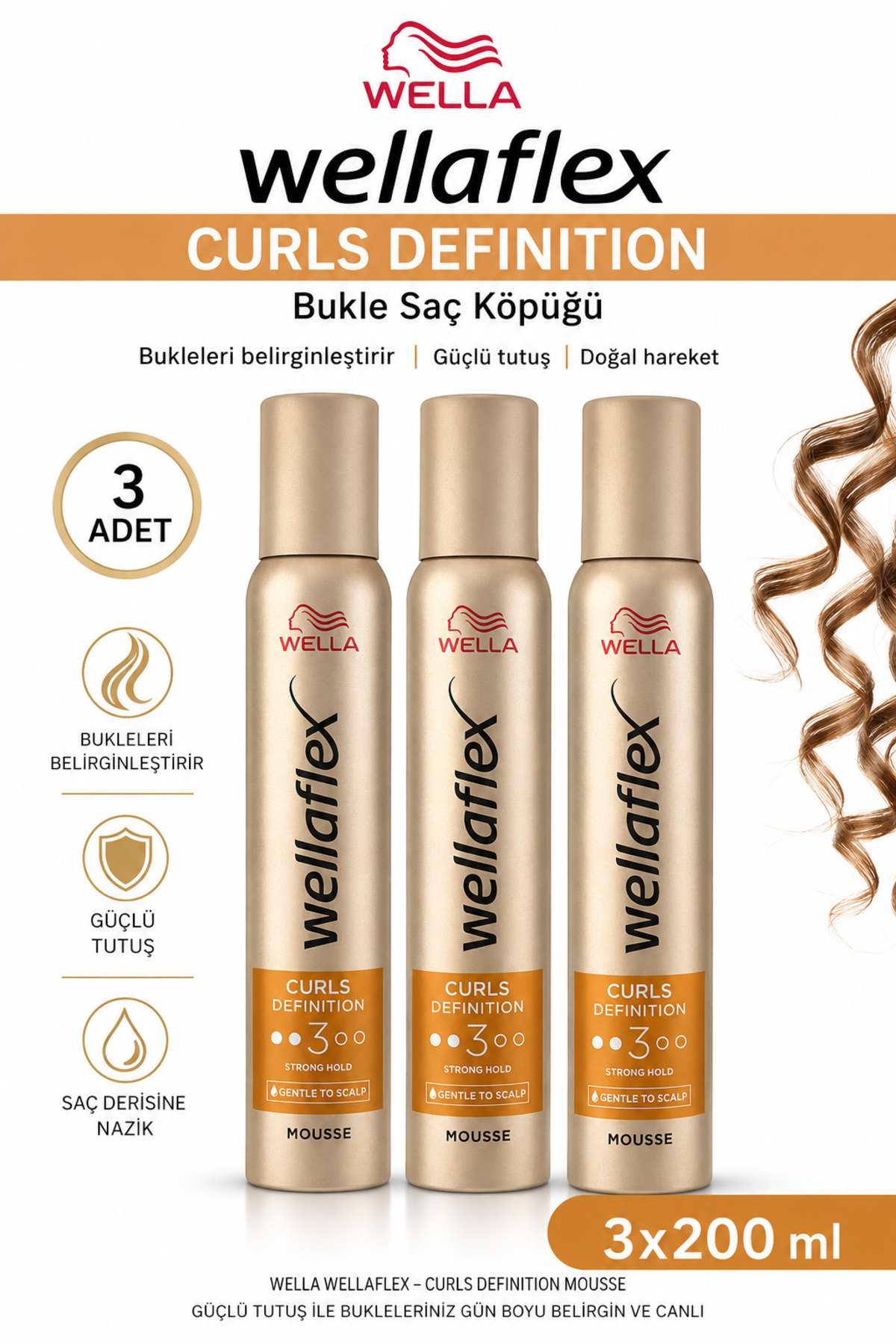 wellaflex Wella flex 200 ml Curls Bukle Saç Köpüğü 3 Adet Güçlü Tutuş ile Bukleleri Belirginleştirir — NCF--Flex3