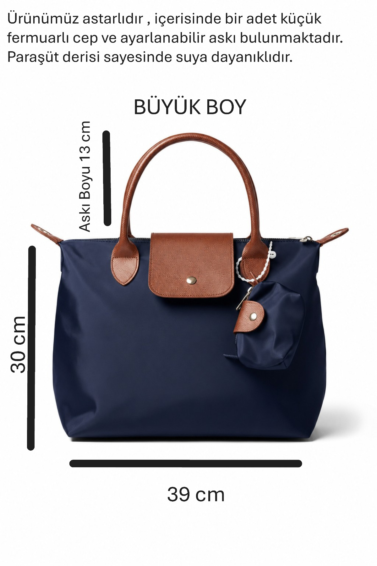 Classbag Charmlı Lacivert-Taba Deri Saplı Büyük Boy Suya Dayanıklı Paraşüt Kumaş Kadın Omuz Çantası görsel 7