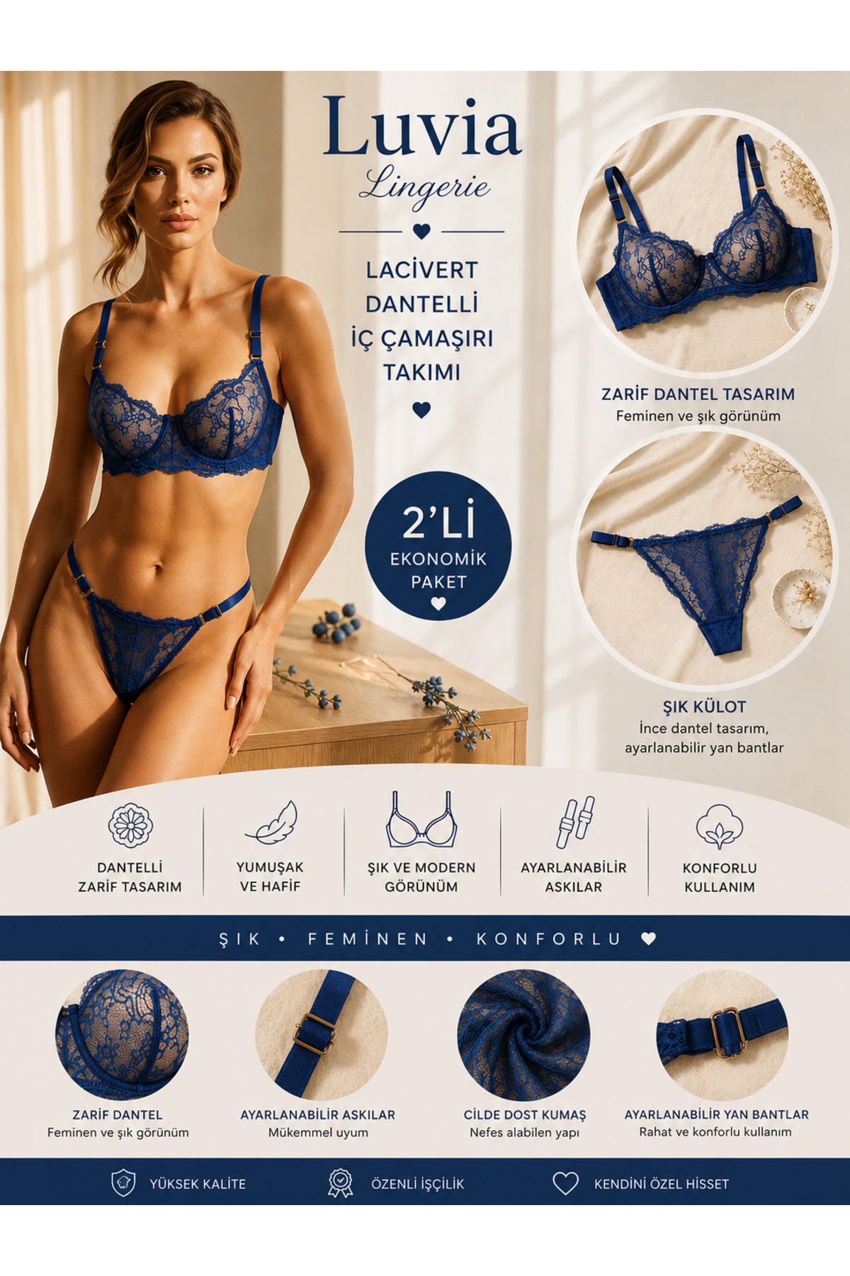 Luvia Lingerie Kadın Lacivert & Yeşil Dantelli 2’li Sütyen Külot İç Çamaşırı Takımı görsel 2