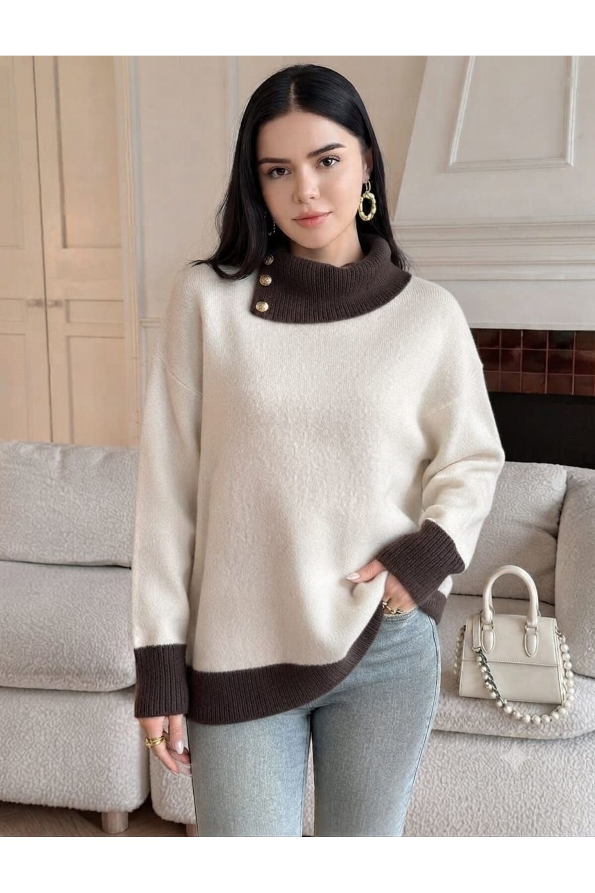 ZERELLE COLLECTİON kadın triko kazak yaka ve düğme detaylı şık kışlık görsel 5