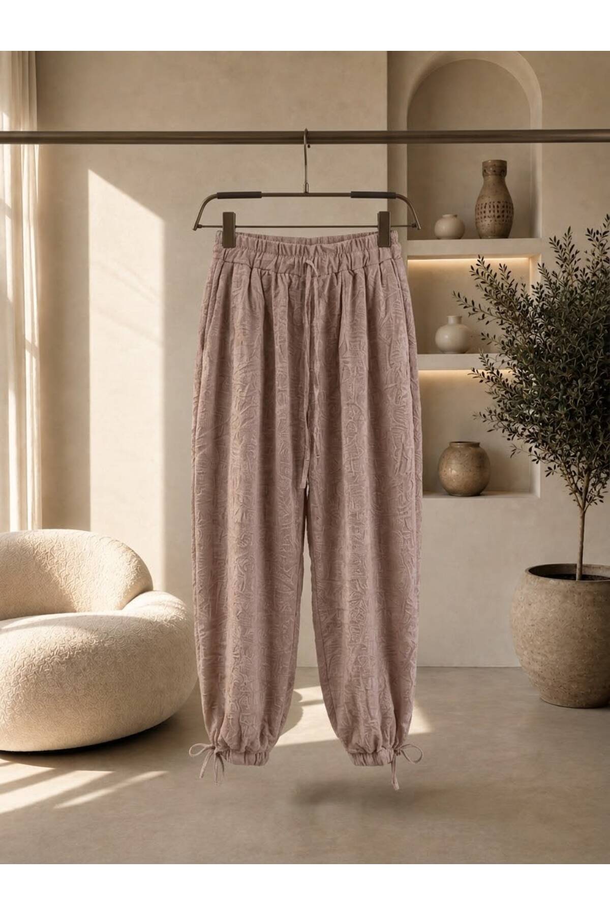 Beli lastikli keten şalvar pantolon 2