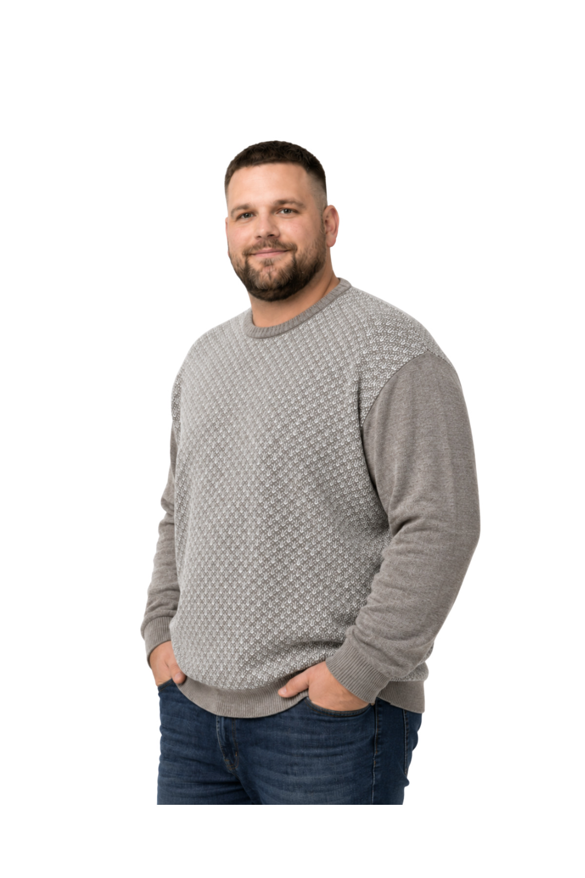BattalModa Erkek Büyük Beden Vizon Bisiklet Yaka Motif Triko Kazak 3XL-4XL-5XL-6XL görsel 2