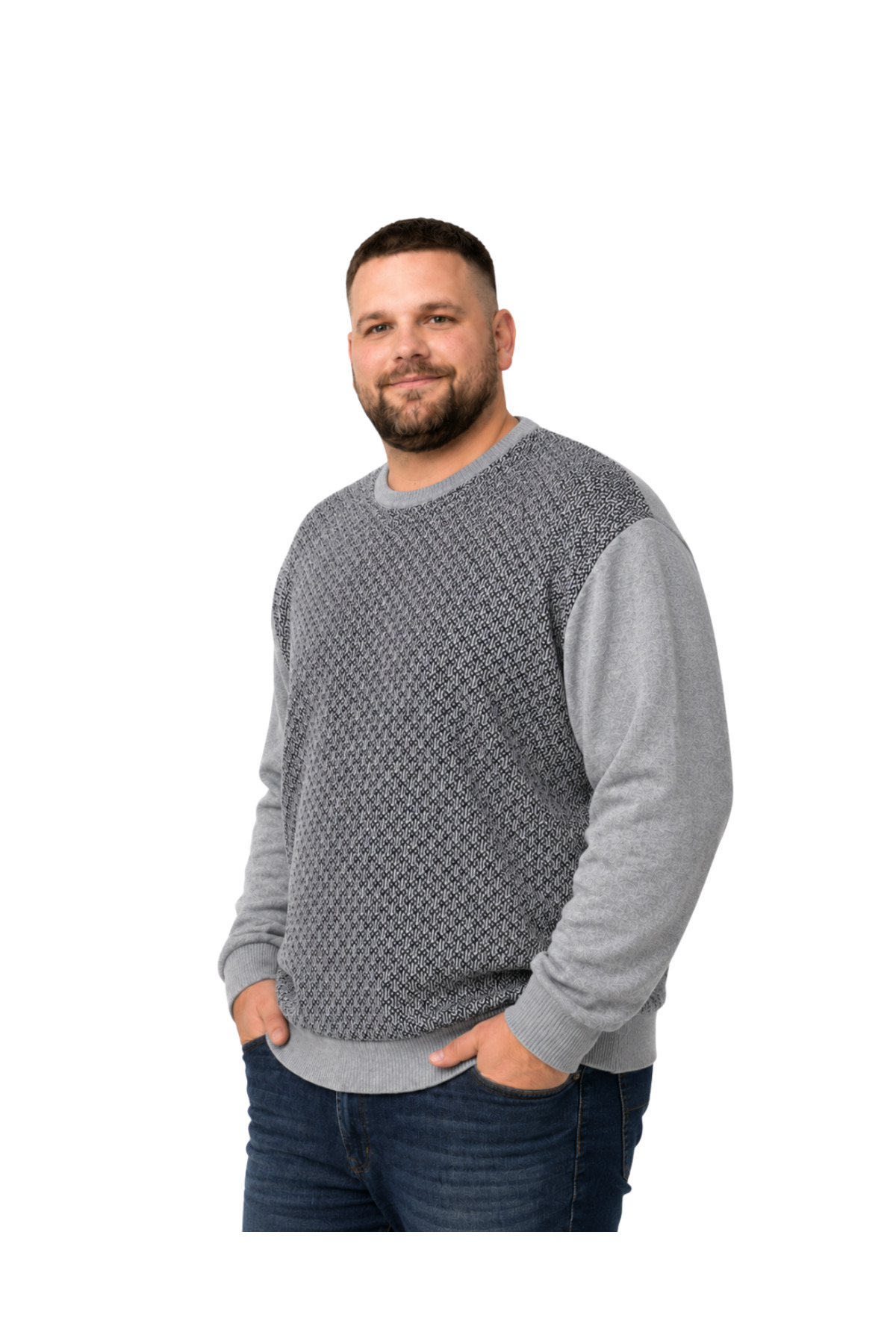 BattalModa Erkek Büyük Beden Gri Bisiklet Yaka Motif Triko Kazak 3XL-4XL-5XL-6XL görsel 2