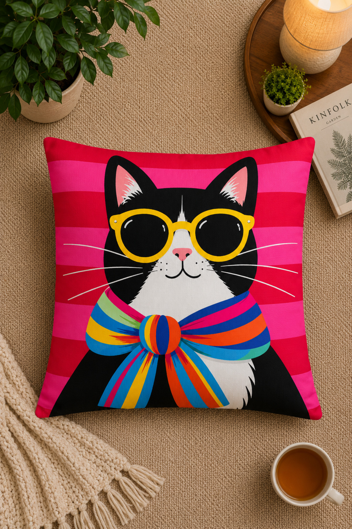 Dijital Baskılı Dekoratif Kırlent Kılıfı 43x43 cm – Modern Desenli Keten Dokulu