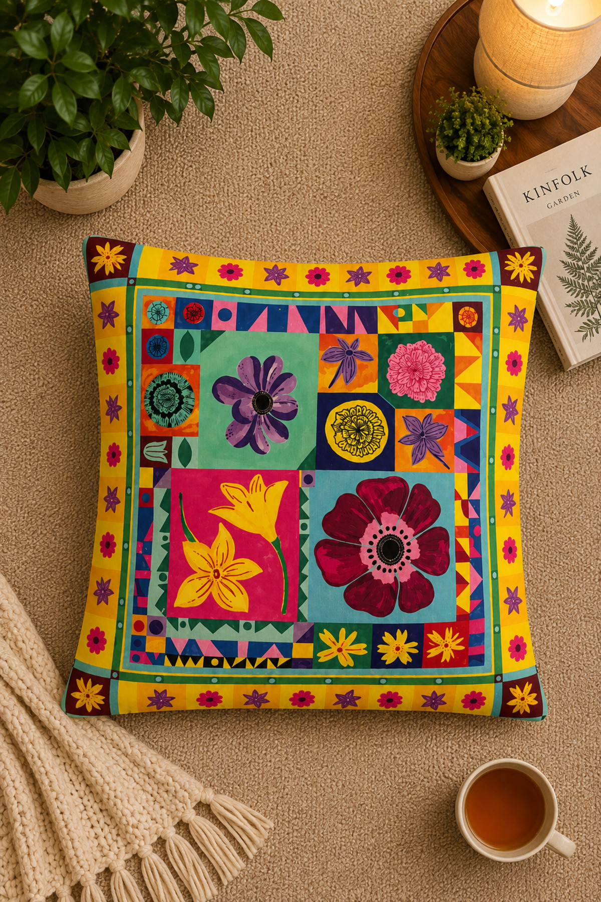 Dijital Baskılı Dekoratif Kırlent Kılıfı 43x43 cm – Modern Desenli Keten Dokulu