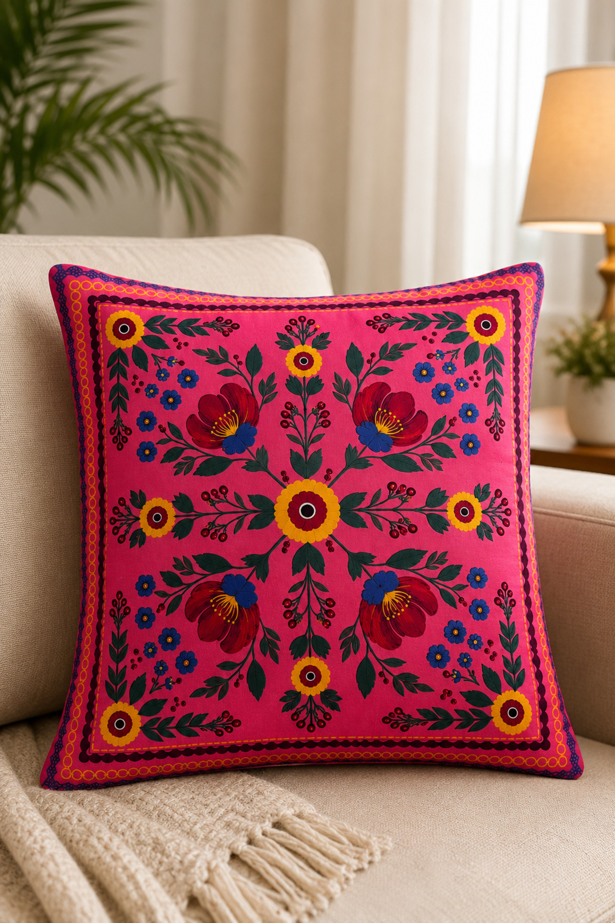 Dijital Baskılı Dekoratif Kırlent Kılıfı 43x43 cm – Modern Desenli Keten Dokulu