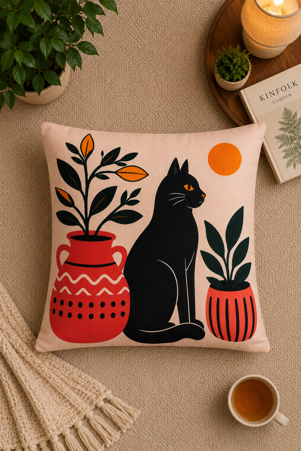 Dijital Baskılı Dekoratif Kırlent Kılıfı 43x43 cm – Modern Desenli Keten Dokulu