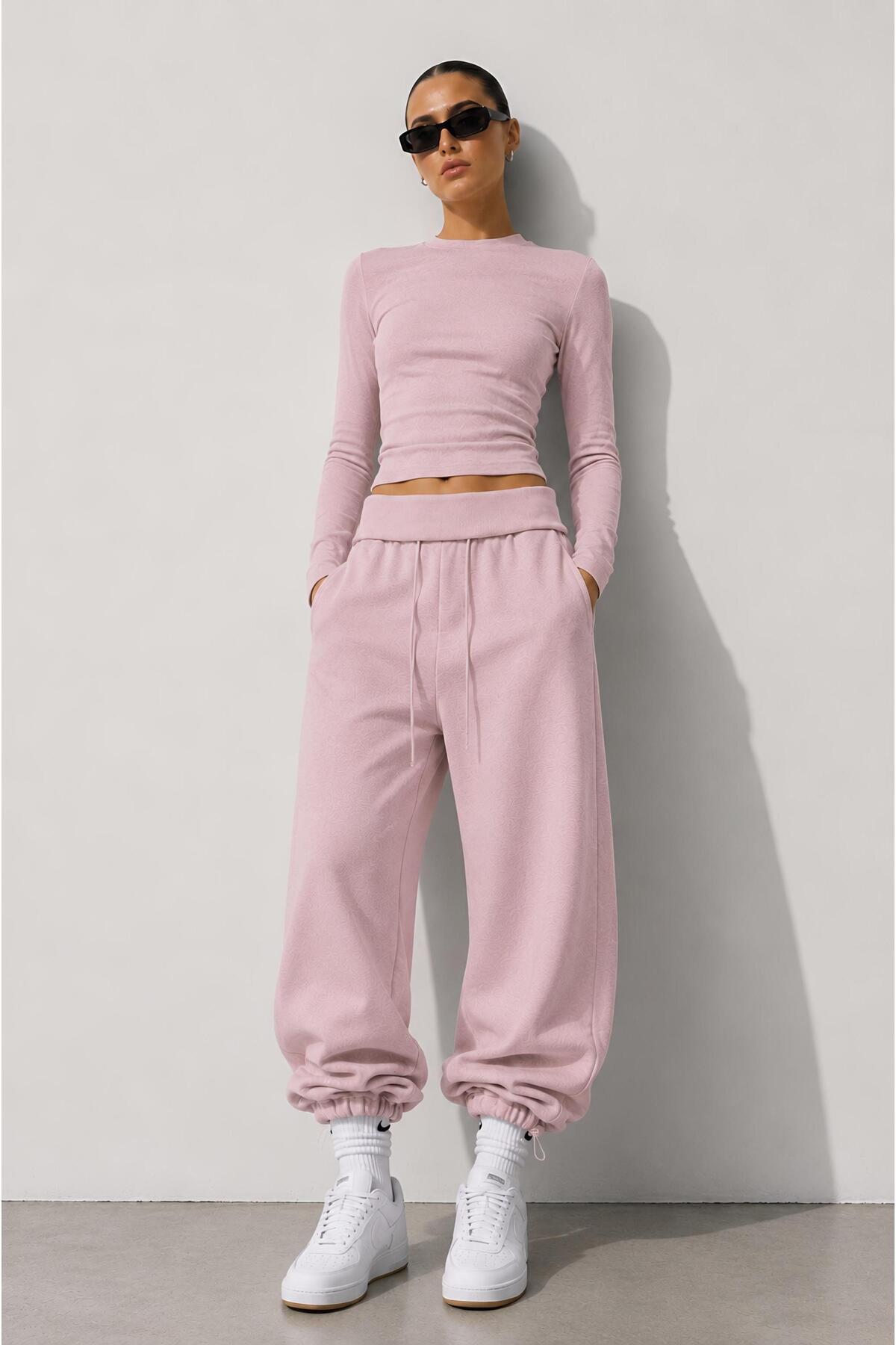 Hira Online Üç İplik Şardonlu Kıvrımlı Kaşkorse Bel Cepli Ayarlanabilir Lastikli Ultra Bol Barrel Fit Baggy Pantolon\Eşofman Altı